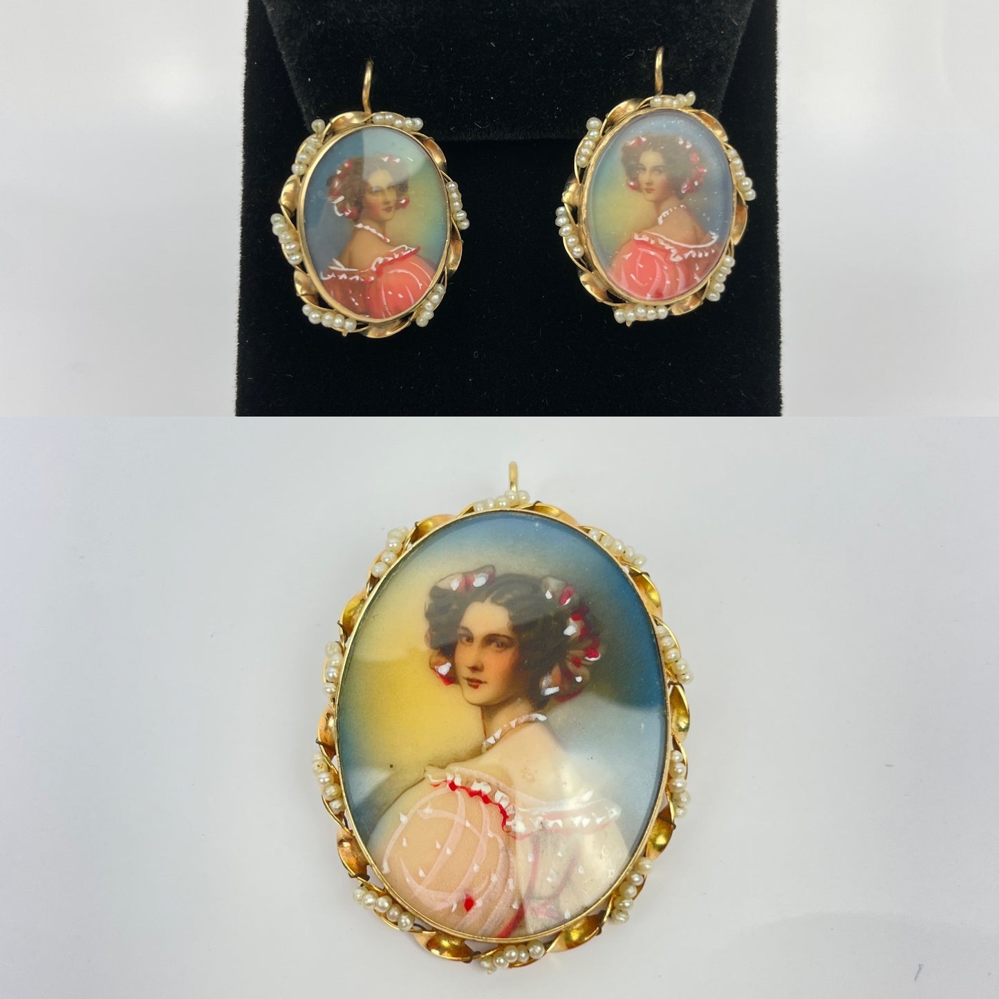 Antique 14k Gold Seed Pearl Painted Earring Brooch Set