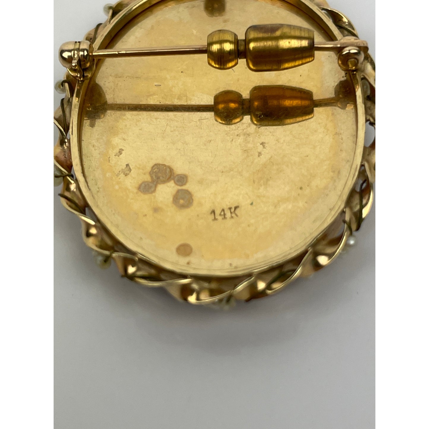 Antique 14k Gold Seed Pearl Painted Earring Brooch Set