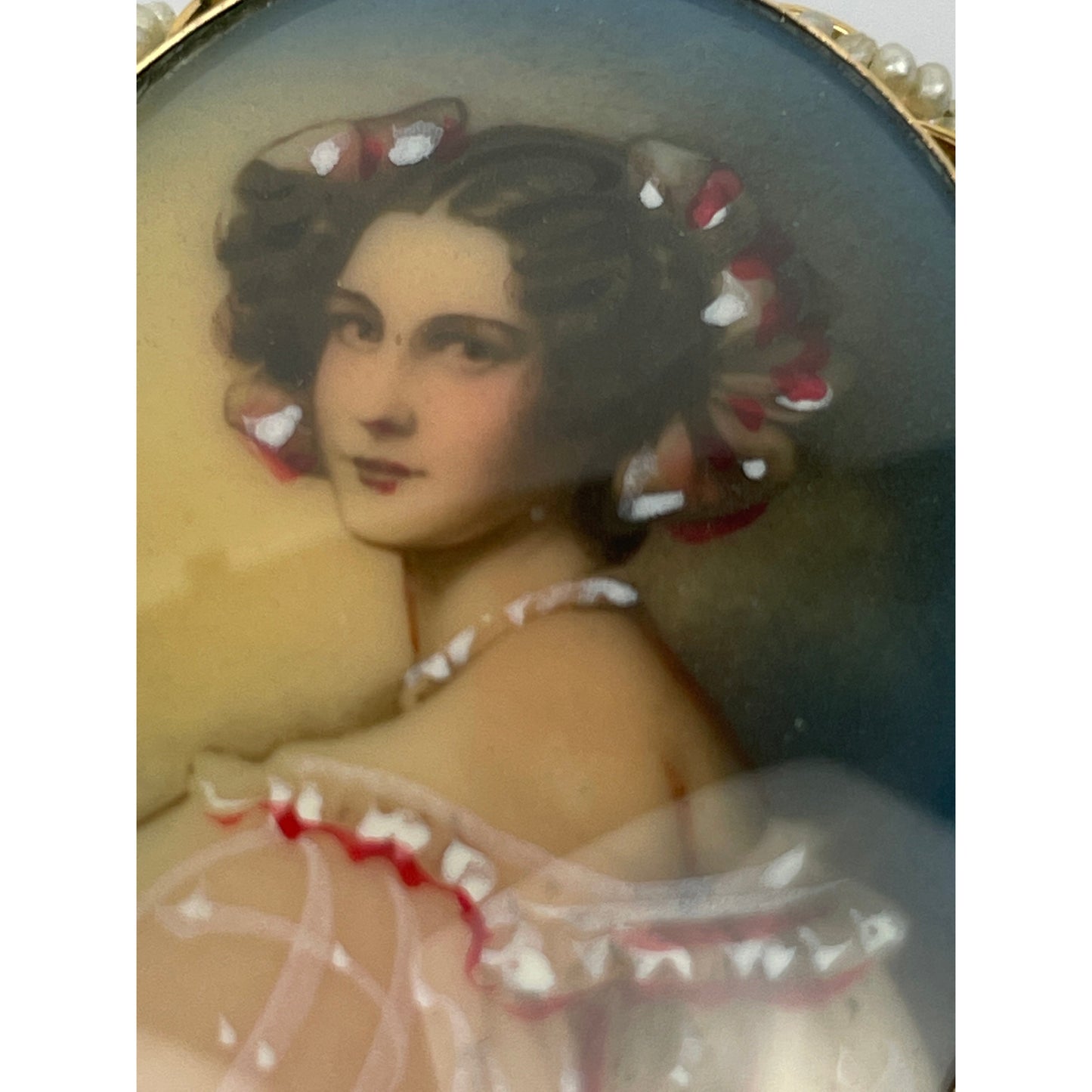 Antique 14k Gold Seed Pearl Painted Earring Brooch Set
