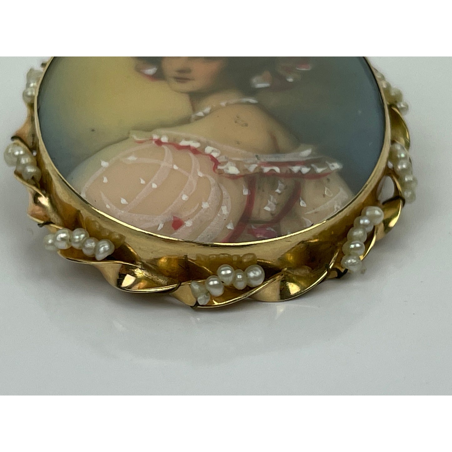 Antique 14k Gold Seed Pearl Painted Earring Brooch Set