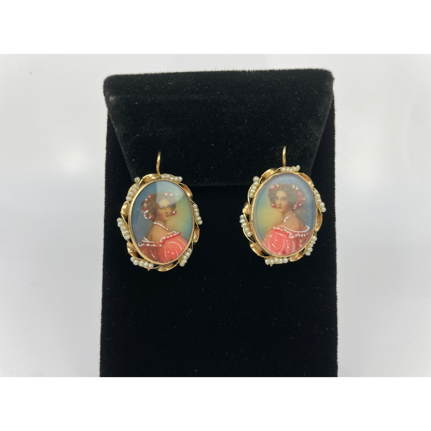 Antique 14k Gold Seed Pearl Painted Earring Brooch Set