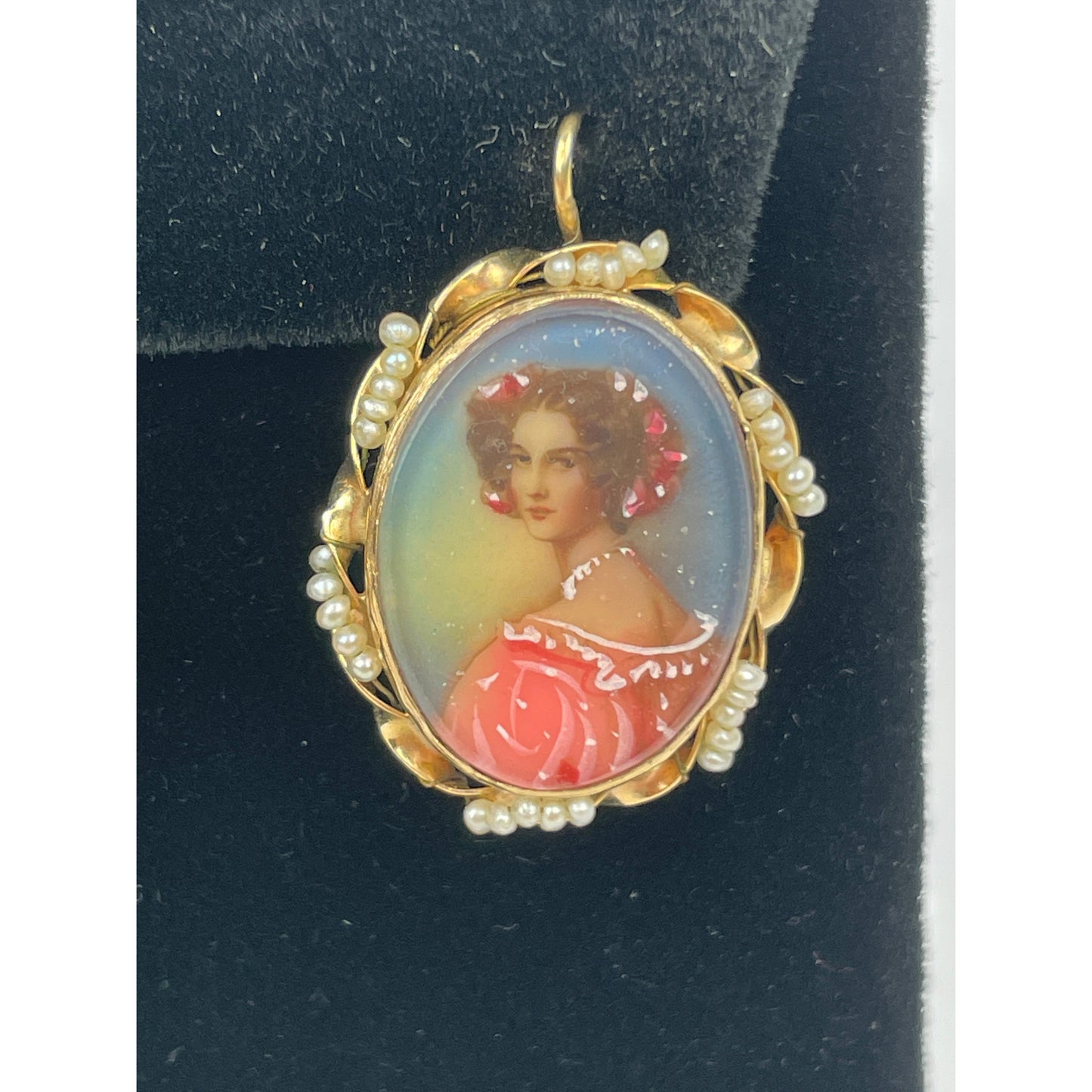Antique 14k Gold Seed Pearl Painted Earring Brooch Set