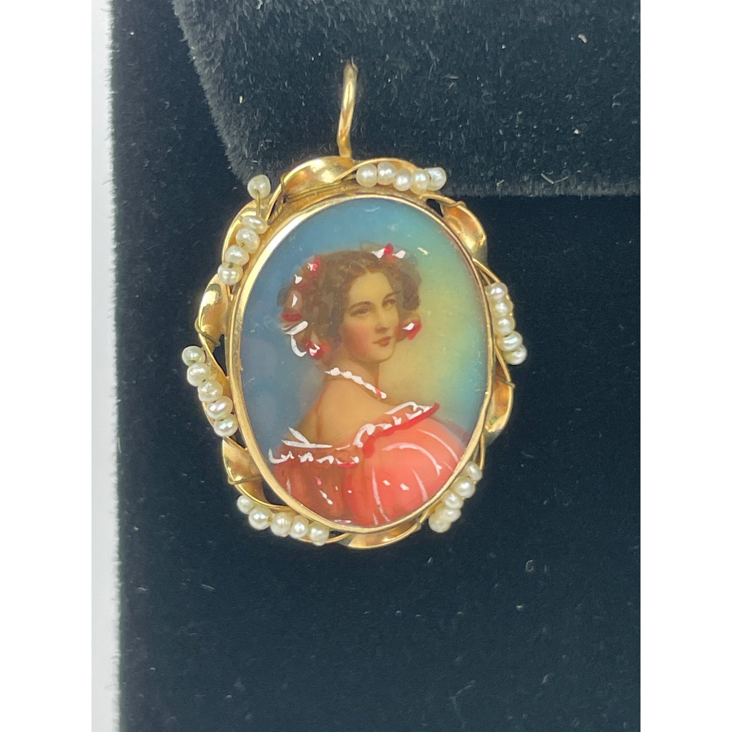 Antique 14k Gold Seed Pearl Painted Earring Brooch Set