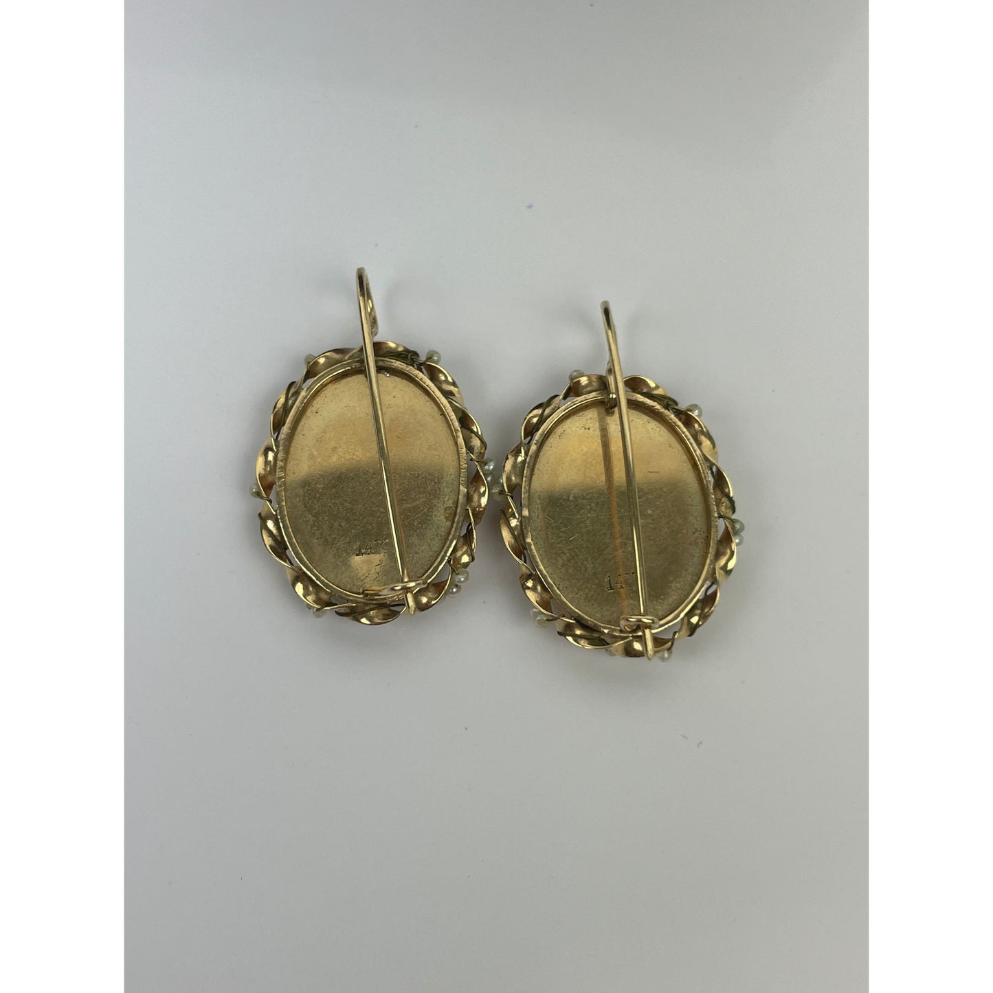 Antique 14k Gold Seed Pearl Painted Earring Brooch Set
