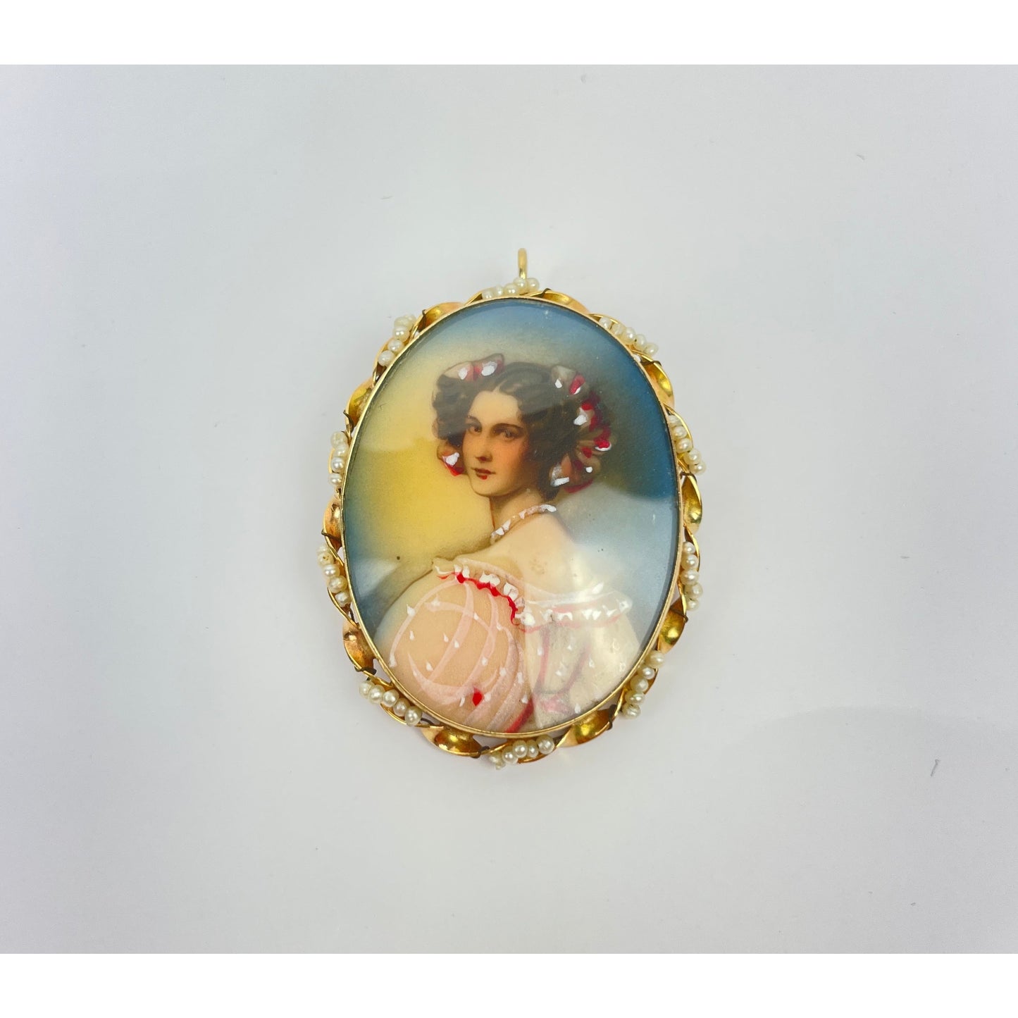 Antique 14k Gold Seed Pearl Painted Earring Brooch Set