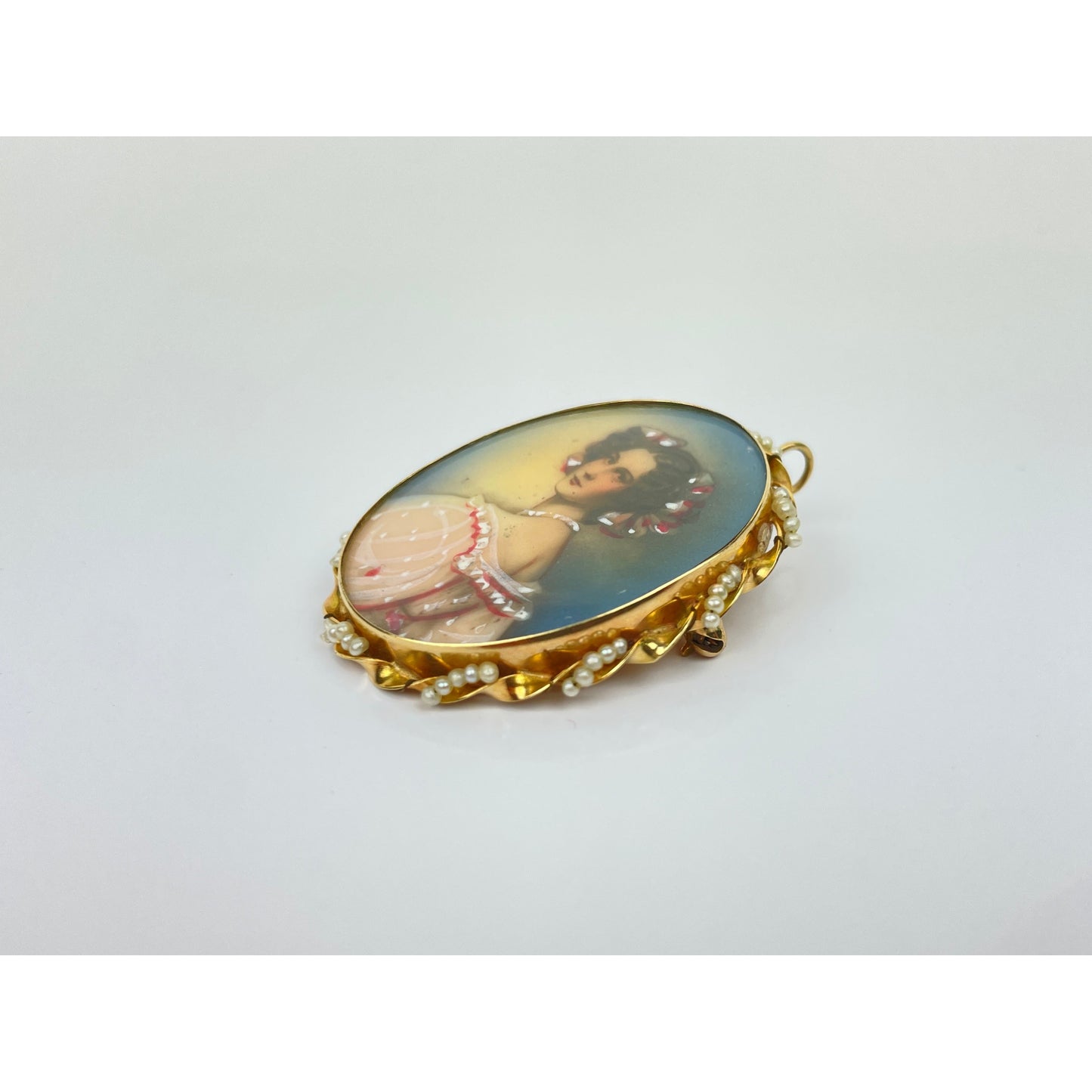 Antique 14k Gold Seed Pearl Painted Earring Brooch Set