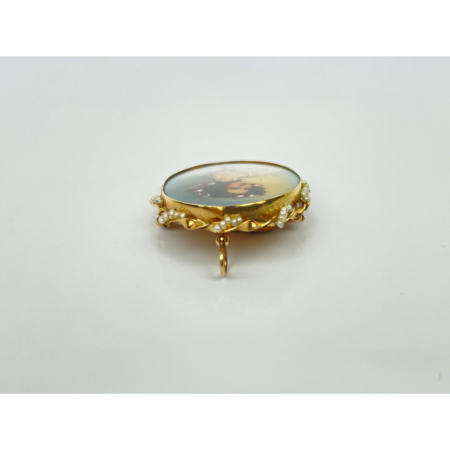Antique 14k Gold Seed Pearl Painted Earring Brooch Set