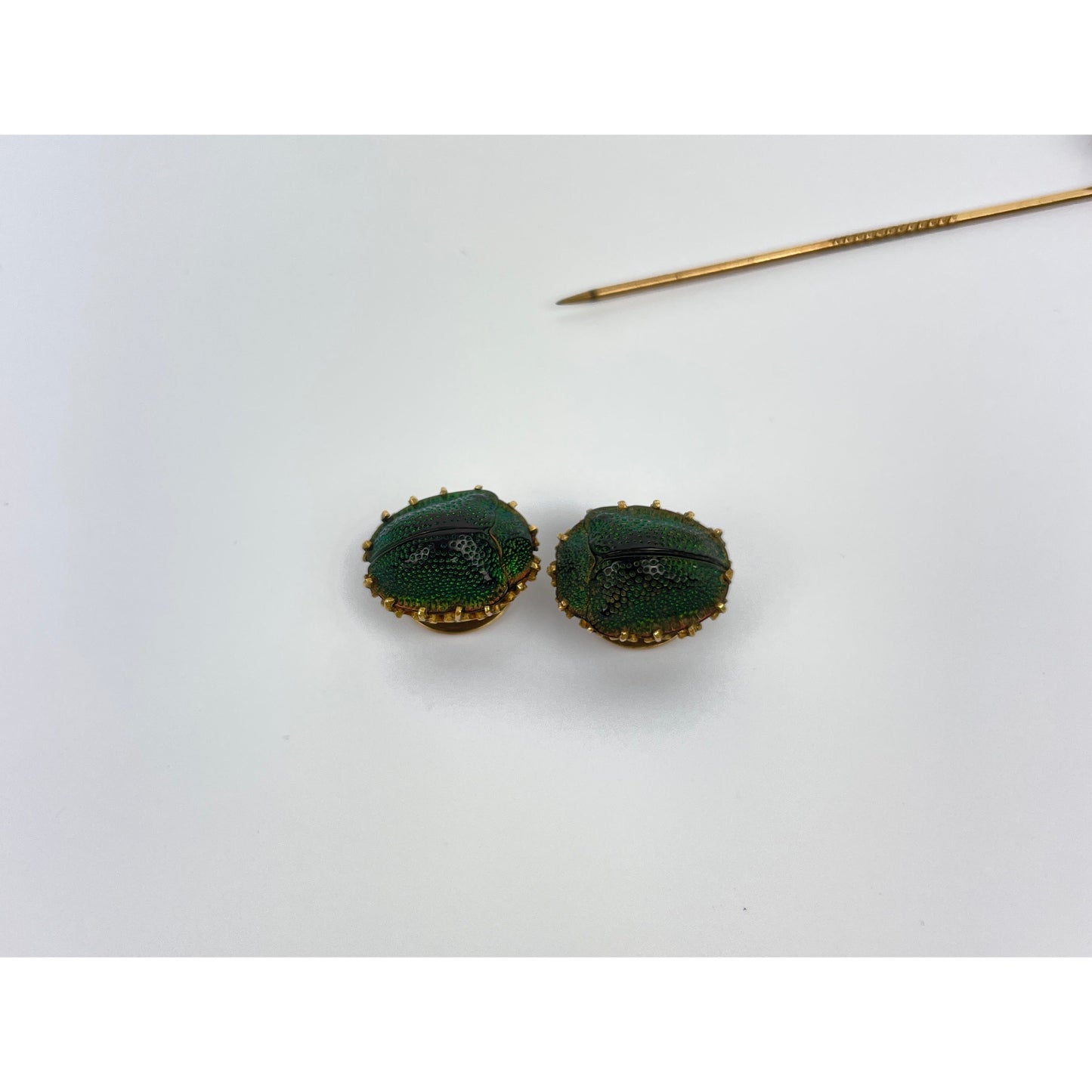 Victorian Era Egyptian Revival 14k Gold Scarab Stick Pin Button Set