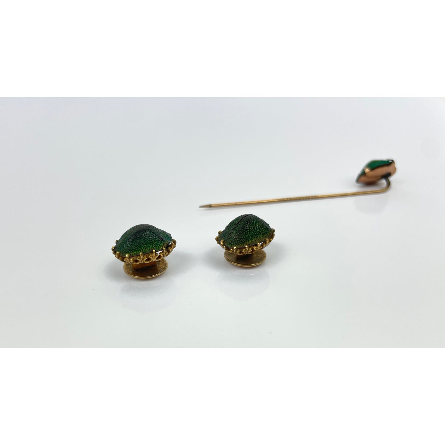 Victorian Era Egyptian Revival 14k Gold Scarab Stick Pin Button Set