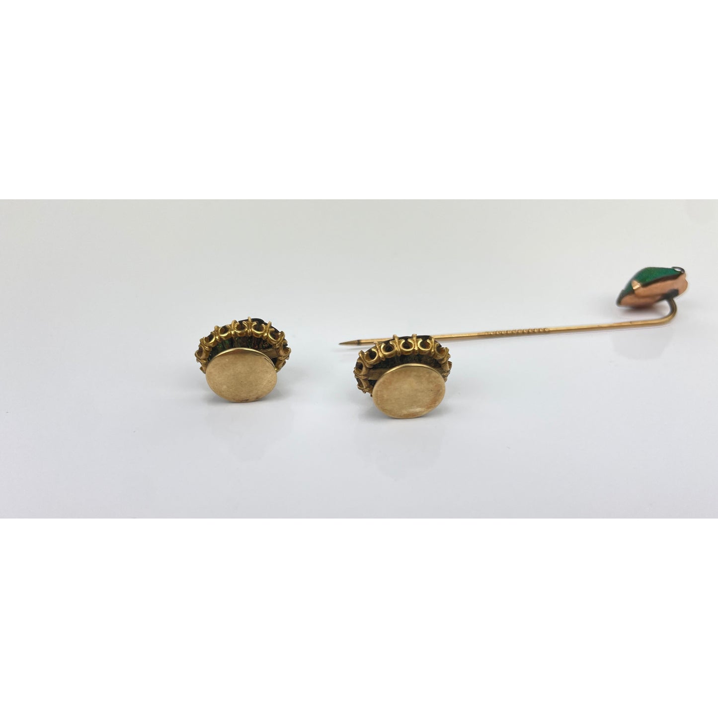 Victorian Era Egyptian Revival 14k Gold Scarab Stick Pin Button Set