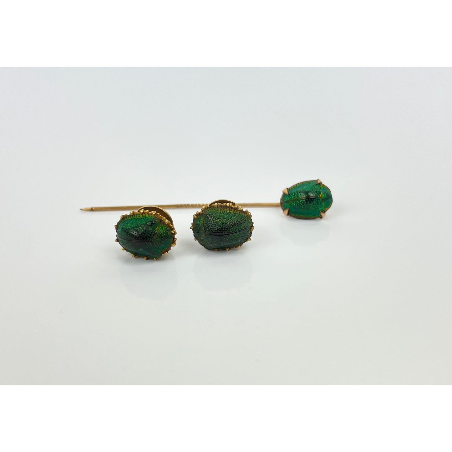 Victorian Era Egyptian Revival 14k Gold Scarab Stick Pin Button Set