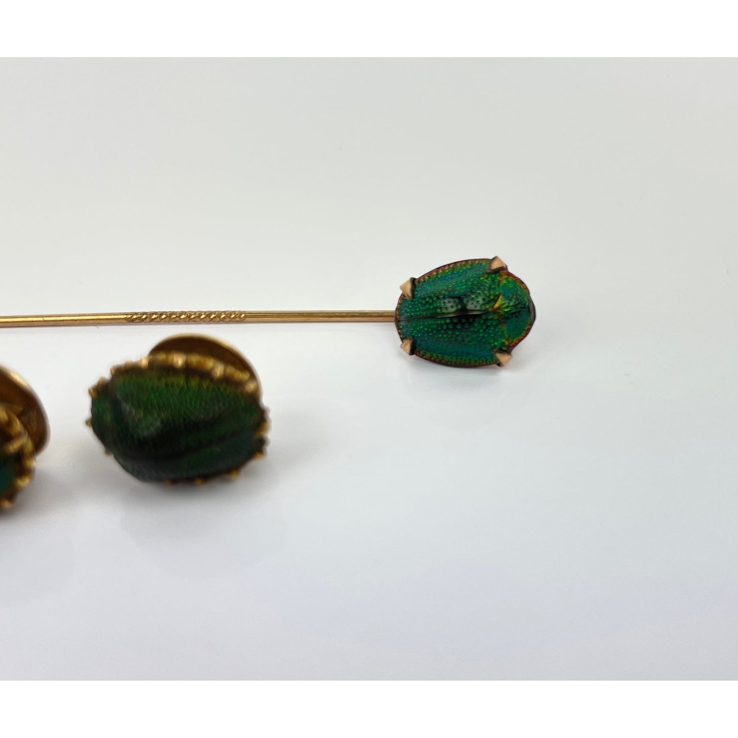 Victorian Era Egyptian Revival 14k Gold Scarab Stick Pin Button Set