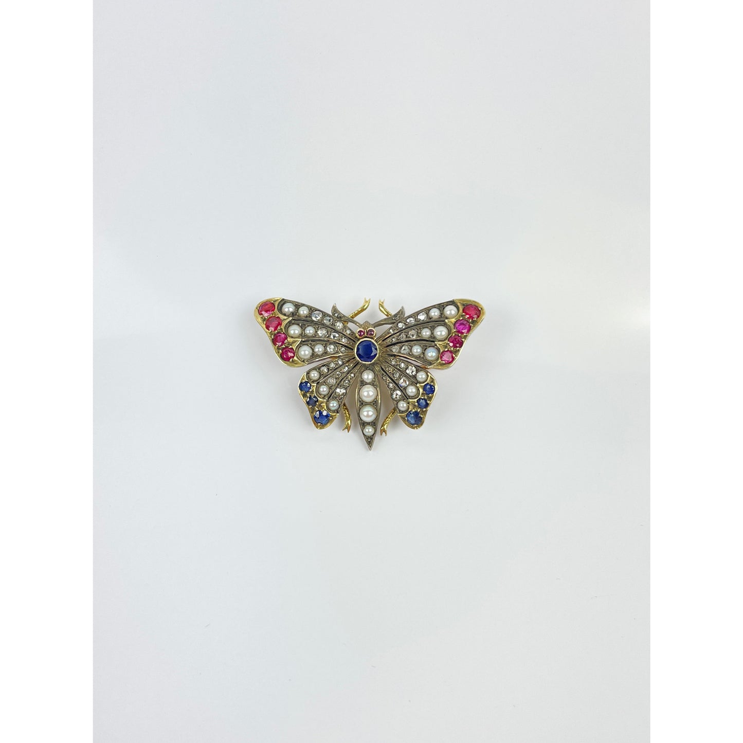 14K Gold Diamond Ruby Sapphire Seed Pearl Butterfly Brooch