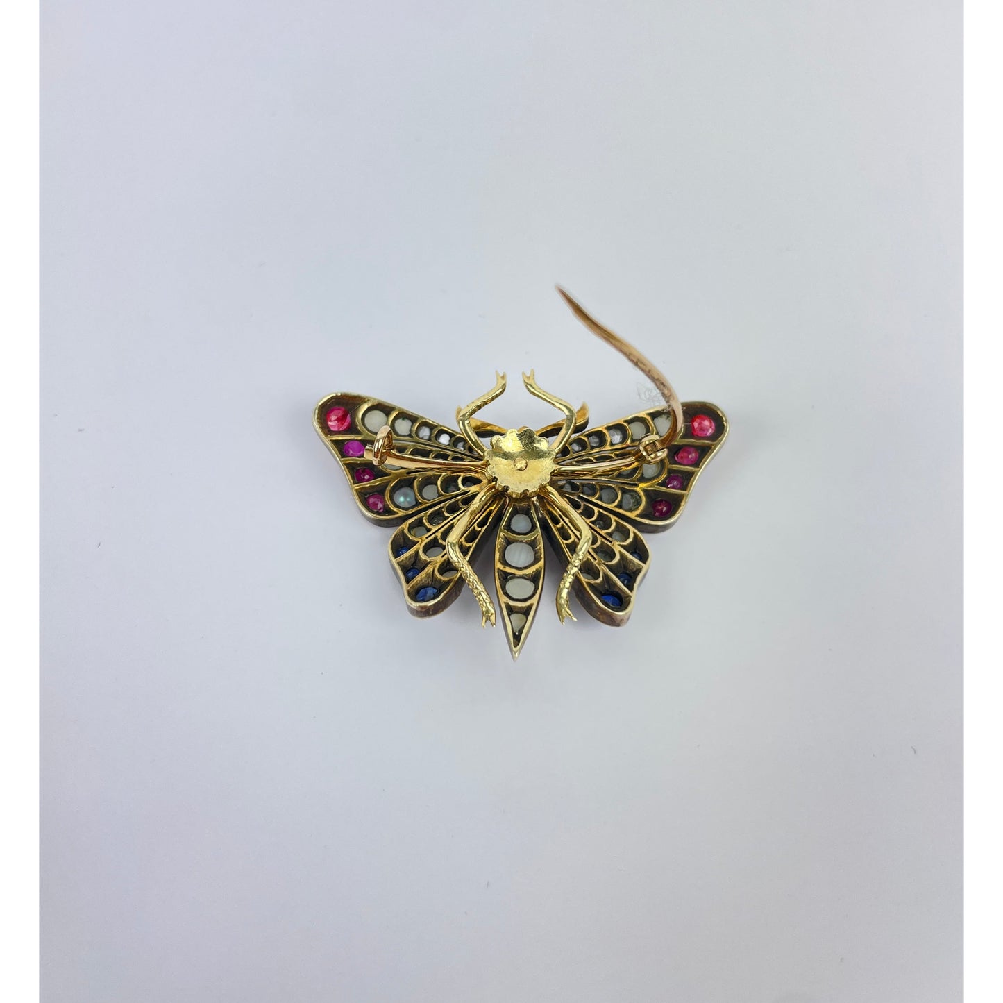 14K Gold Diamond Ruby Sapphire Seed Pearl Butterfly Brooch