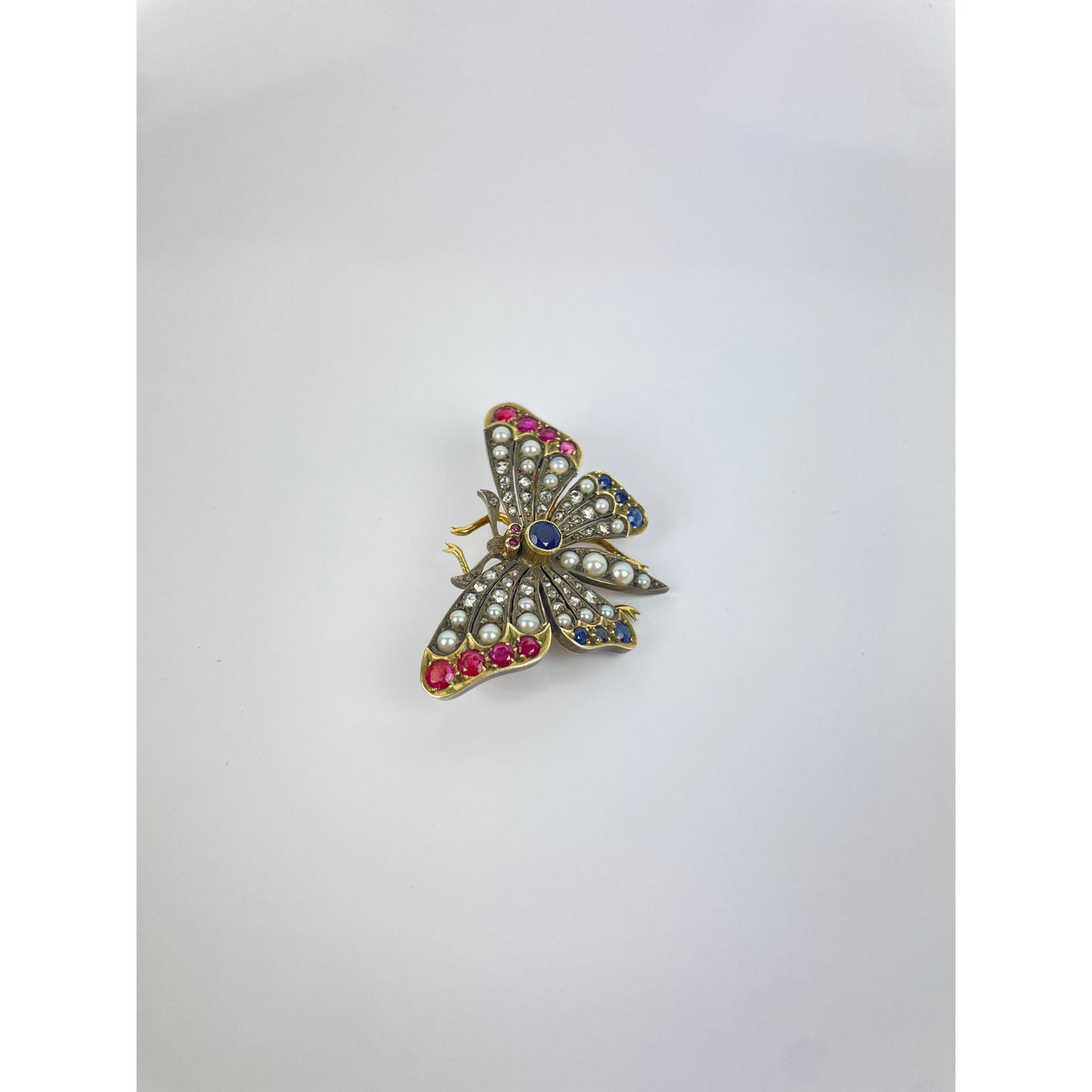 14K Gold Diamond Ruby Sapphire Seed Pearl Butterfly Brooch