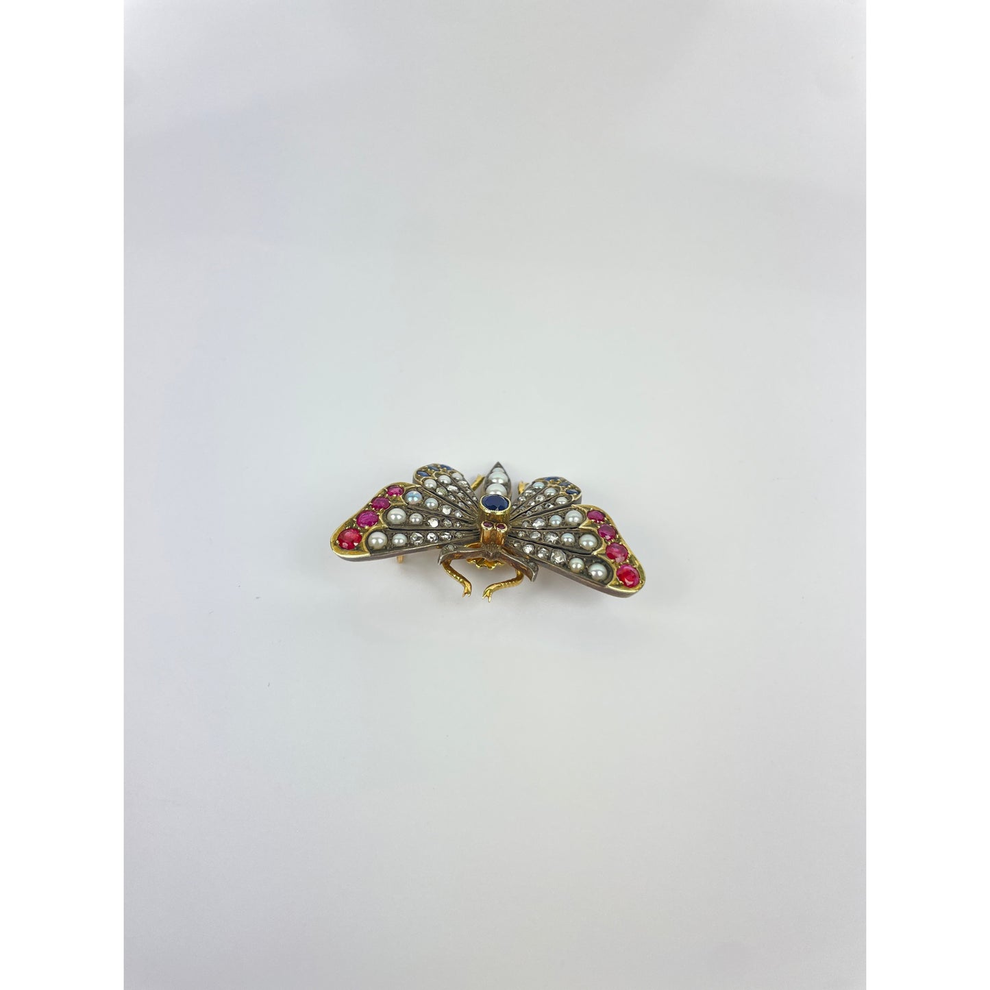 14K Gold Diamond Ruby Sapphire Seed Pearl Butterfly Brooch