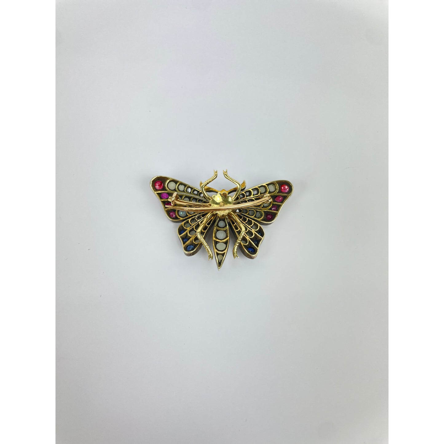 14K Gold Diamond Ruby Sapphire Seed Pearl Butterfly Brooch