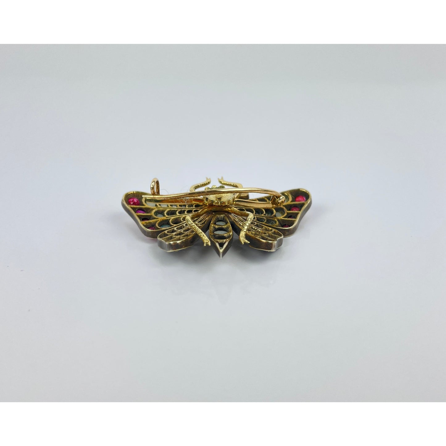 14K Gold Diamond Ruby Sapphire Seed Pearl Butterfly Brooch