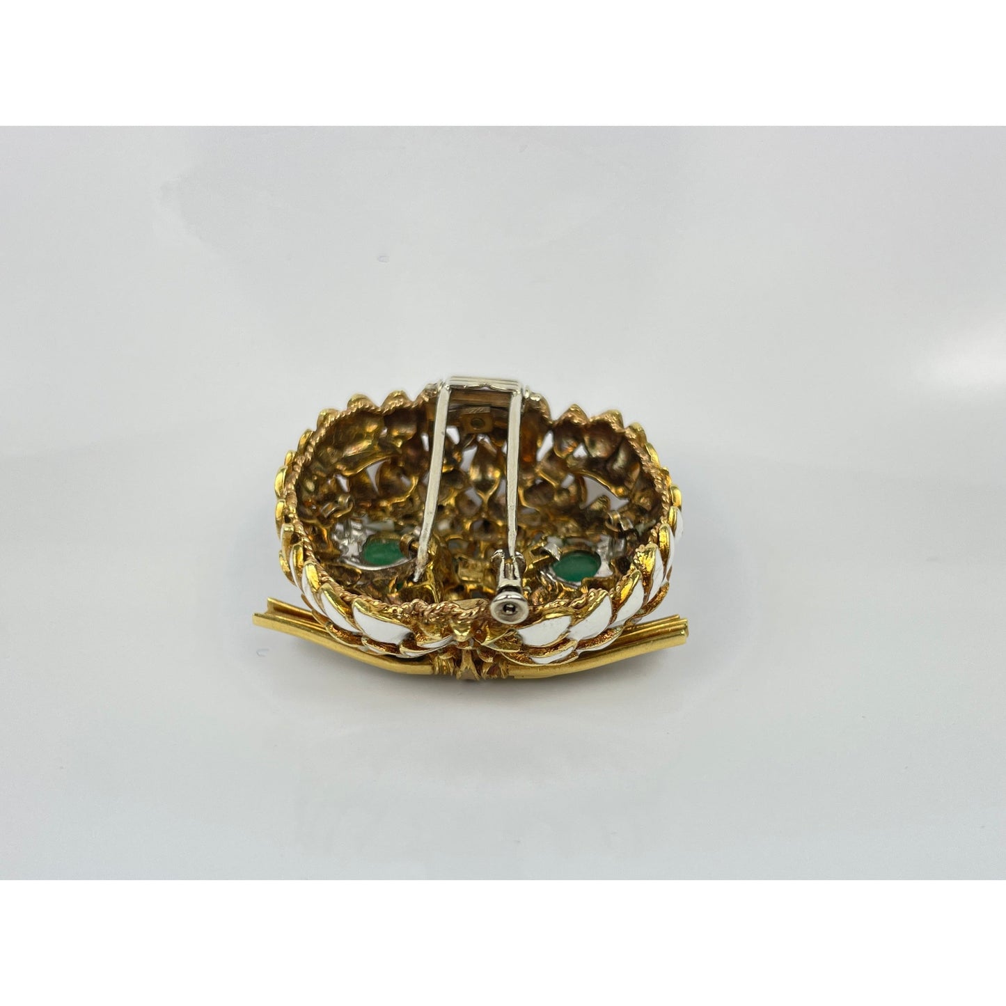 Vintage 18k Gold Emerald Diamond Ename Cat Brooch Pin