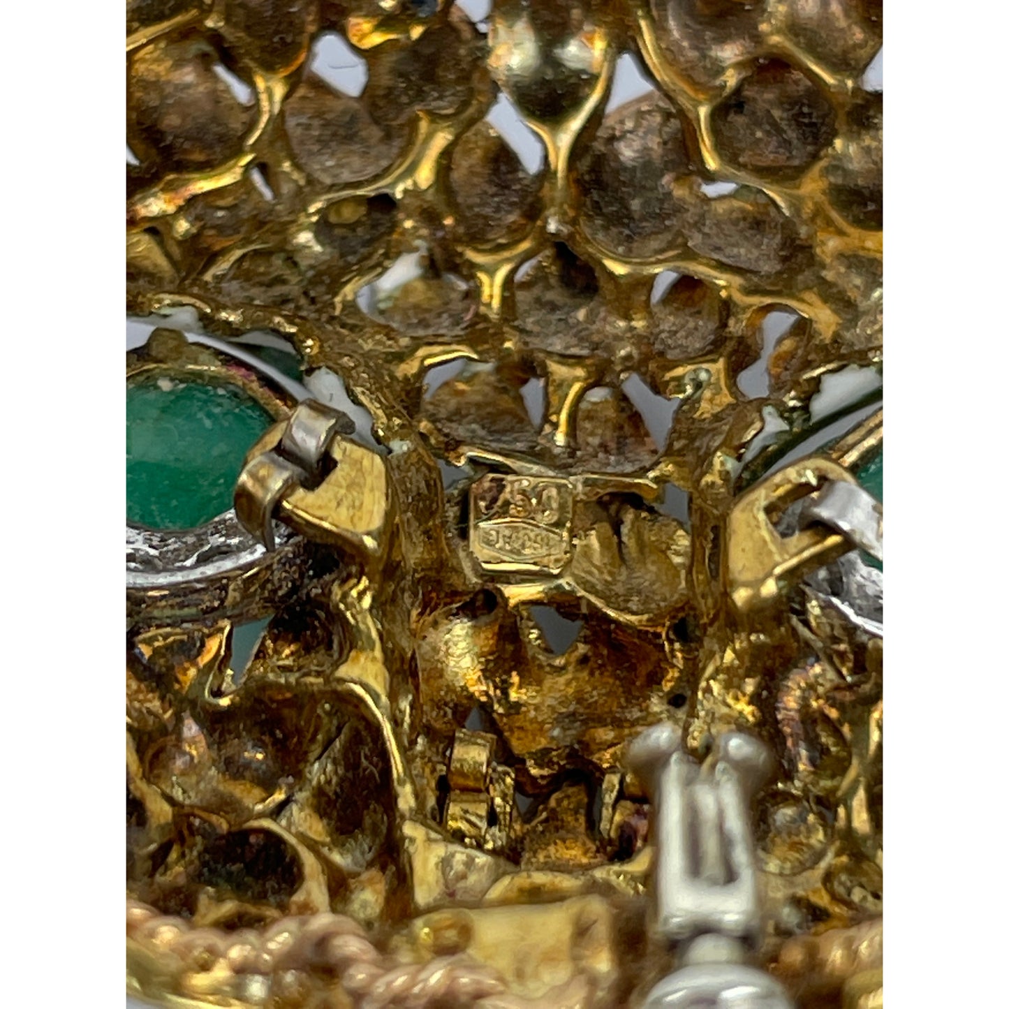 Vintage 18k Gold Emerald Diamond Ename Cat Brooch Pin
