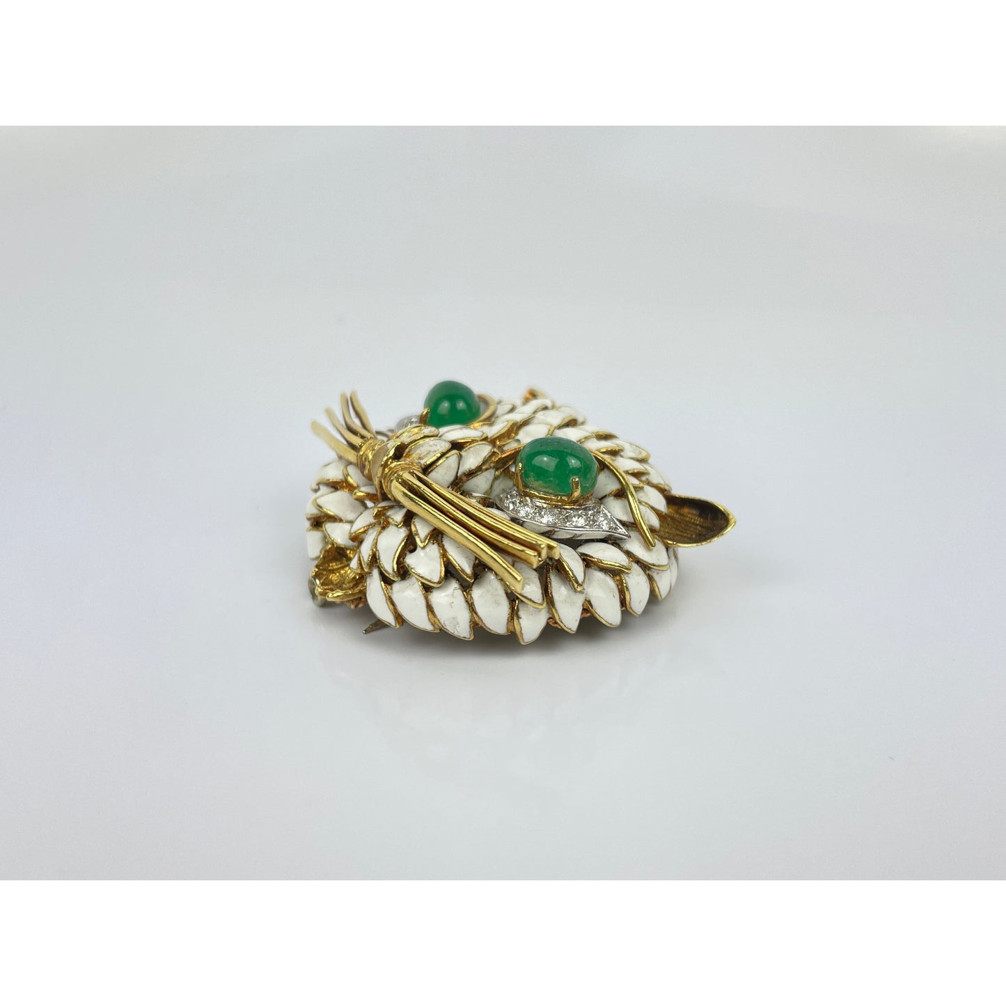 Vintage 18k Gold Emerald Diamond Ename Cat Brooch Pin