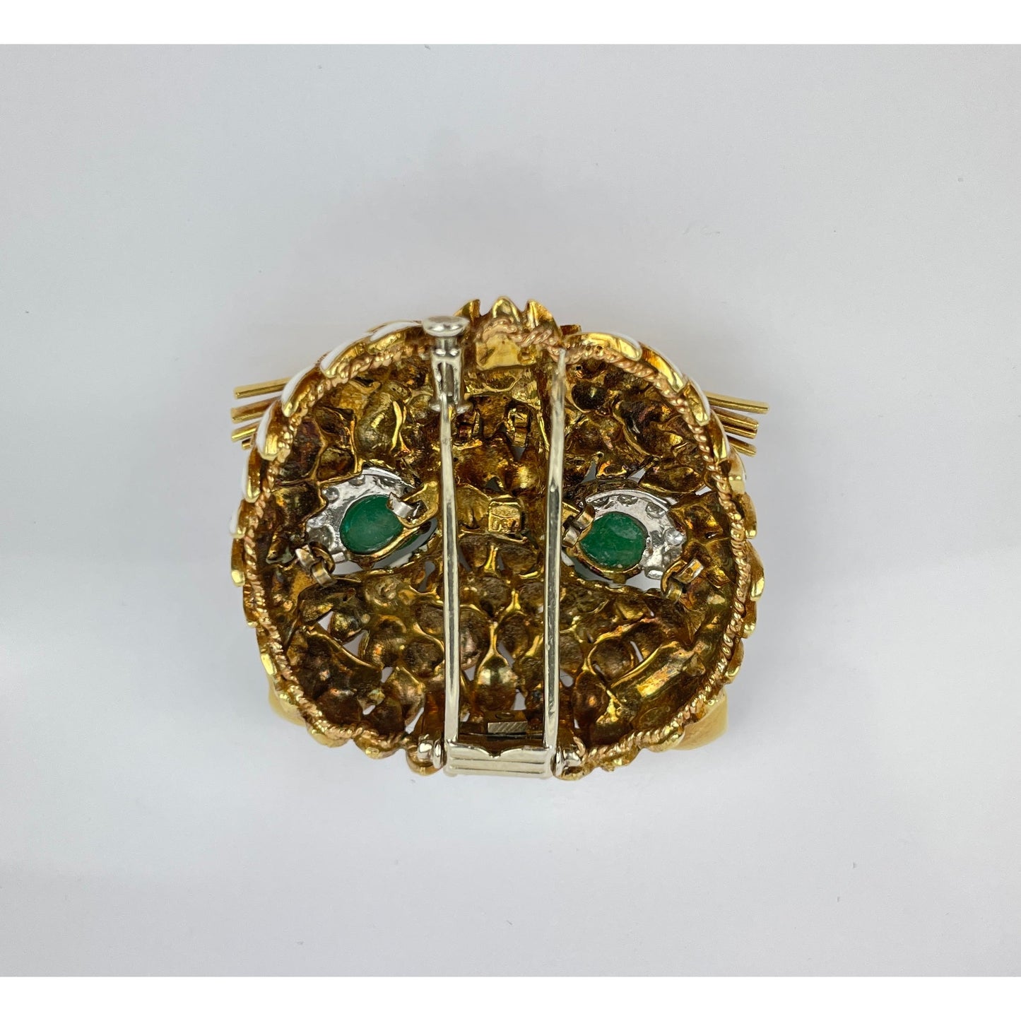 Vintage 18k Gold Emerald Diamond Ename Cat Brooch Pin