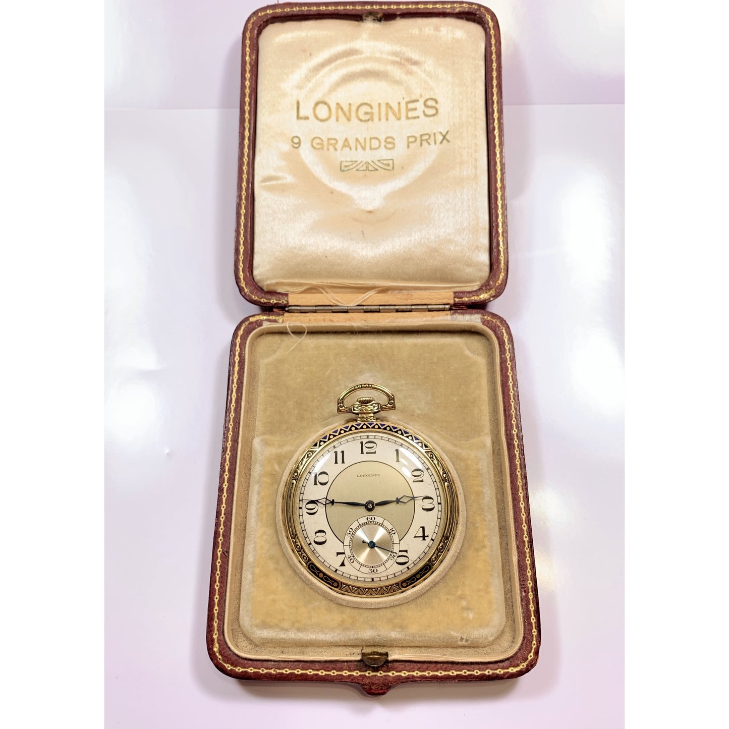 Mint Longines 9 Grand Prix 14k Gold Enamel Pocket Watch ORIGINAL CASE