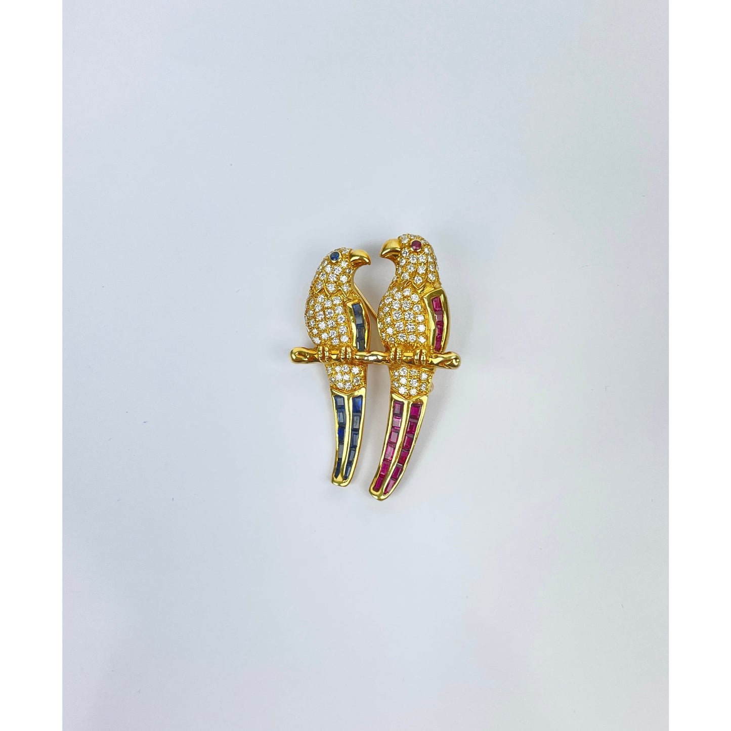 Vintage 18k Gold Diamond Ruby Sapphire Bird Brooch