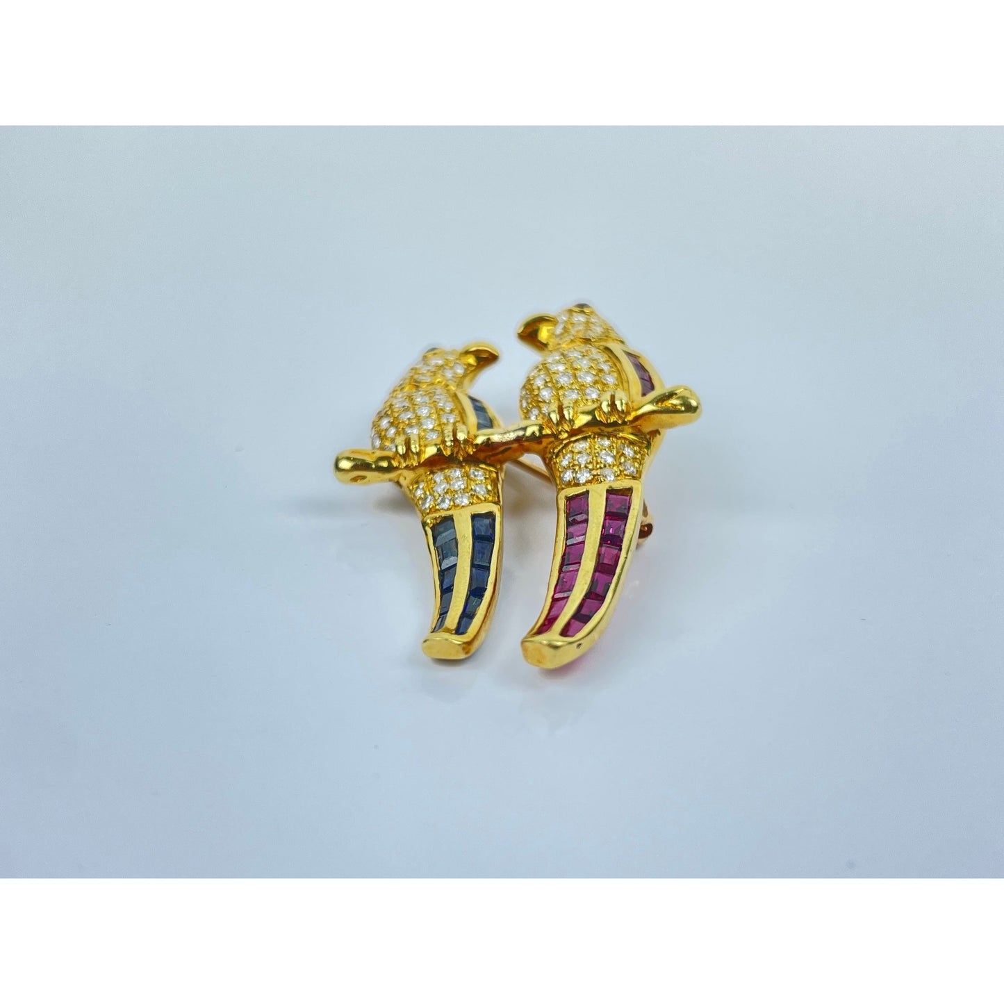 Vintage 18k Gold Diamond Ruby Sapphire Bird Brooch