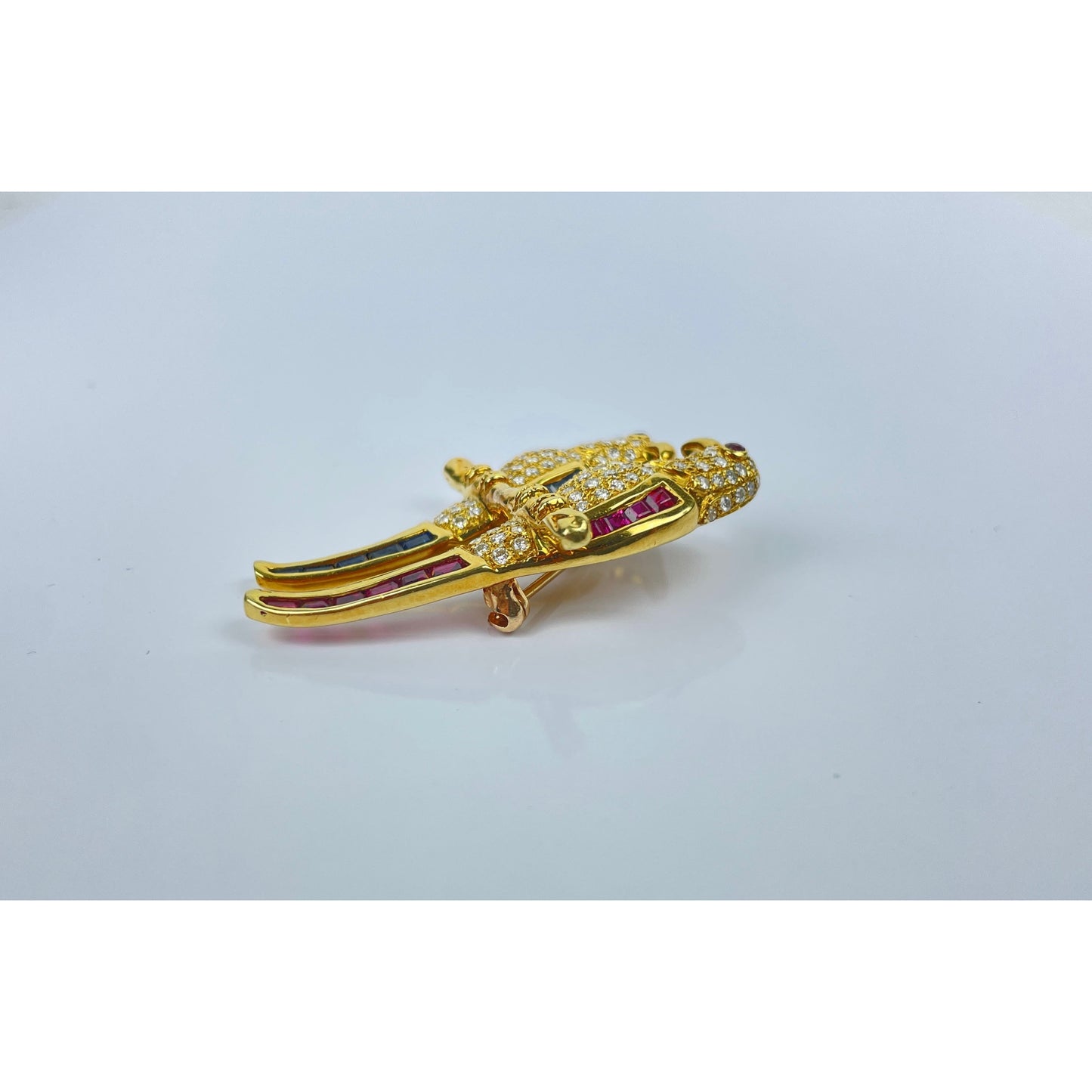 Vintage 18k Gold Diamond Ruby Sapphire Bird Brooch
