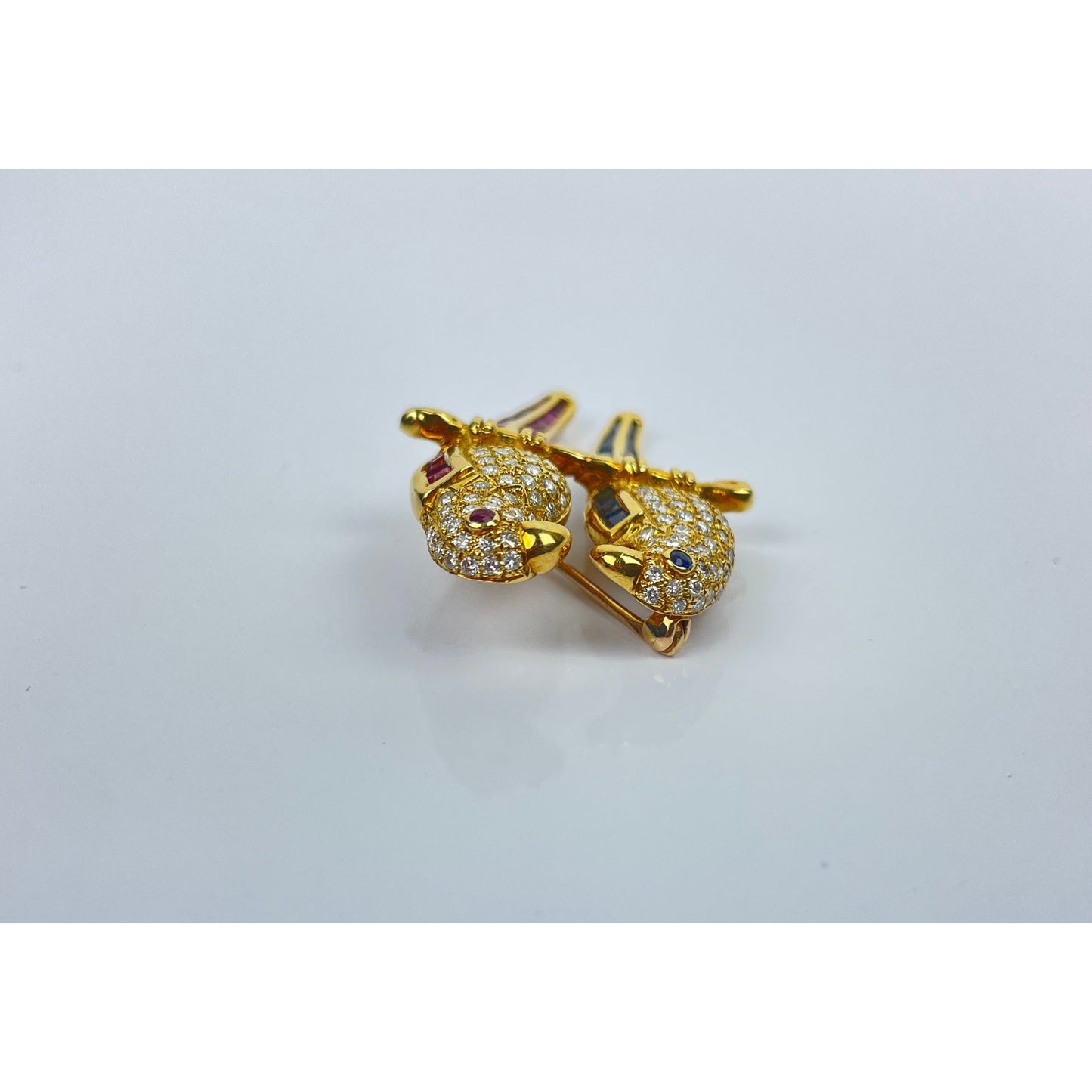Vintage 18k Gold Diamond Ruby Sapphire Bird Brooch
