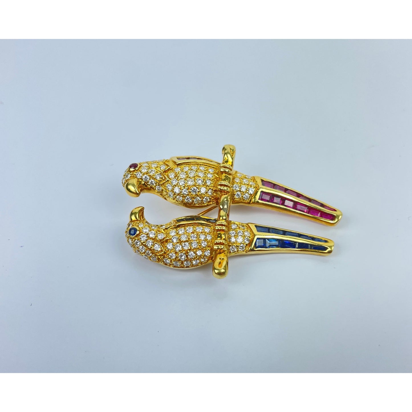 Vintage 18k Gold Diamond Ruby Sapphire Bird Brooch