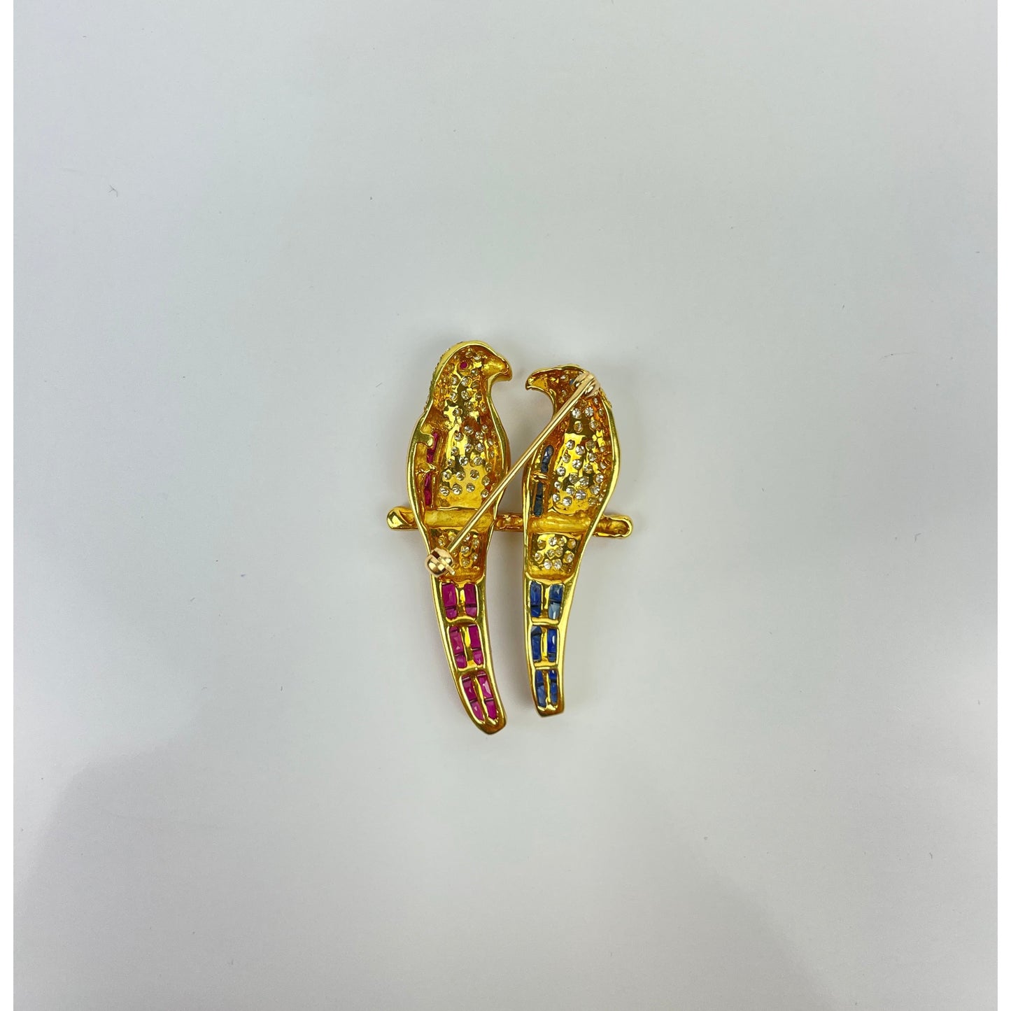 Vintage 18k Gold Diamond Ruby Sapphire Bird Brooch