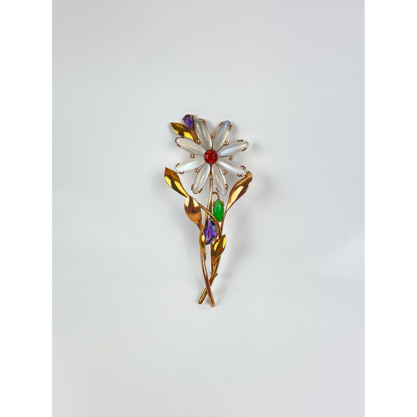 Retro 14k Gold Moonstone Jade Amethyst Flower Brooch Pin
