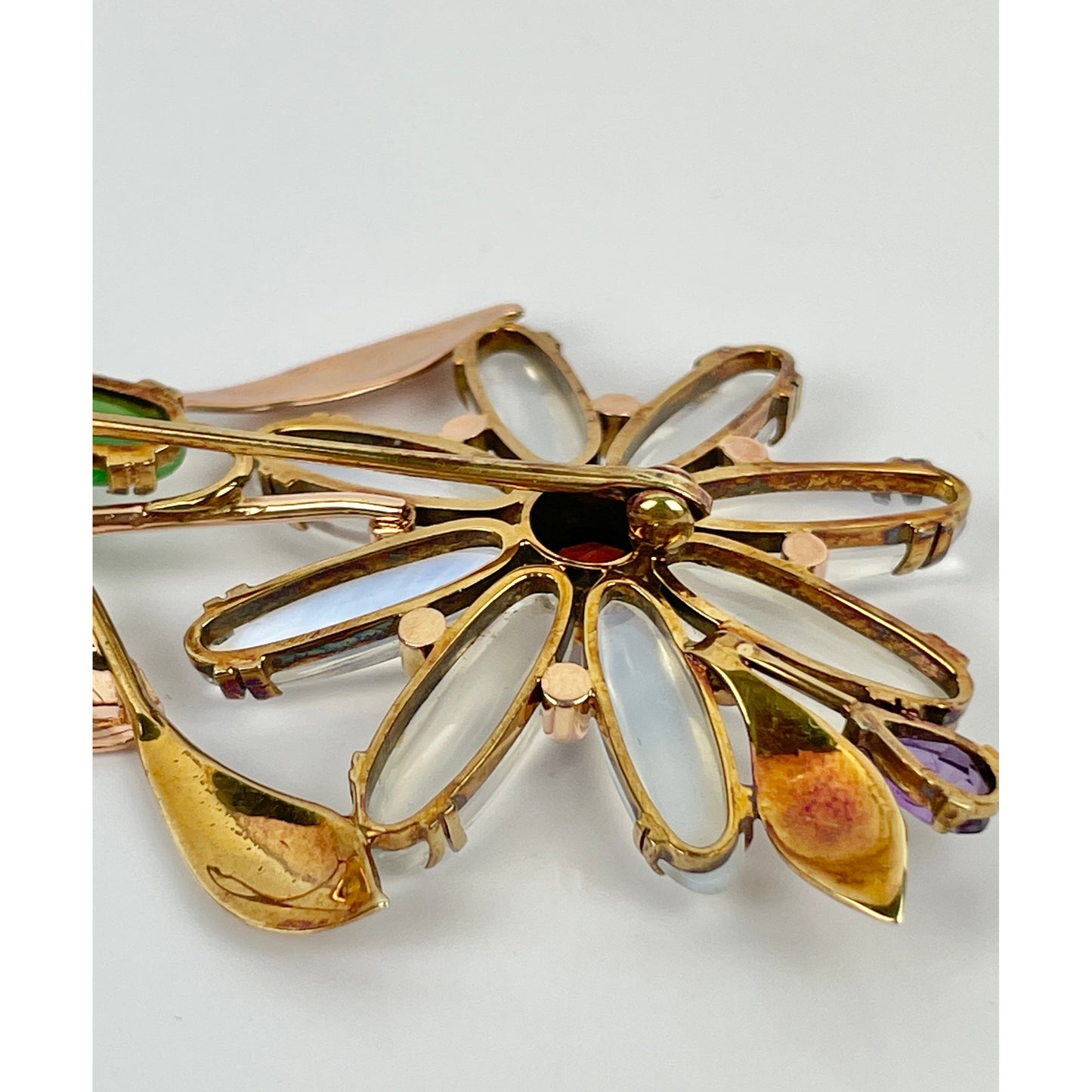 Retro 14k Gold Moonstone Jade Amethyst Flower Brooch Pin