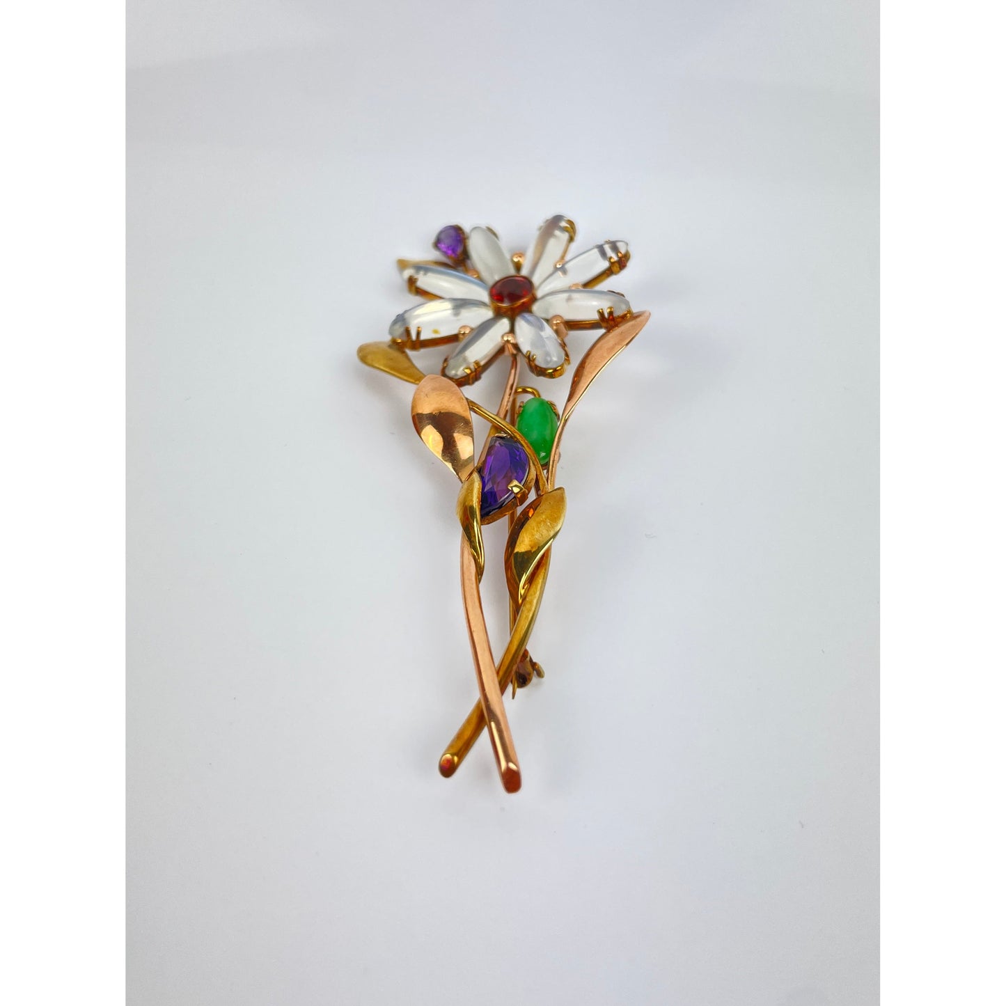 Retro 14k Gold Moonstone Jade Amethyst Flower Brooch Pin
