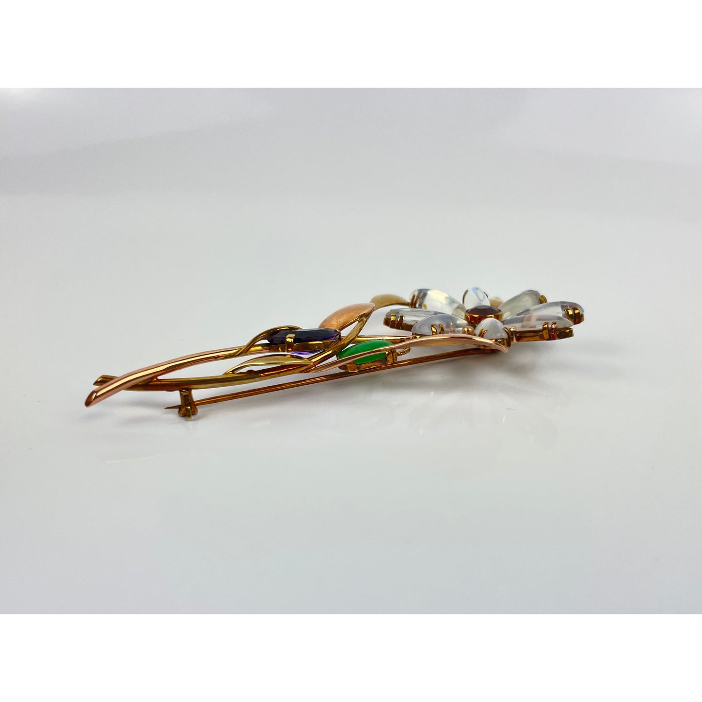 Retro 14k Gold Moonstone Jade Amethyst Flower Brooch Pin