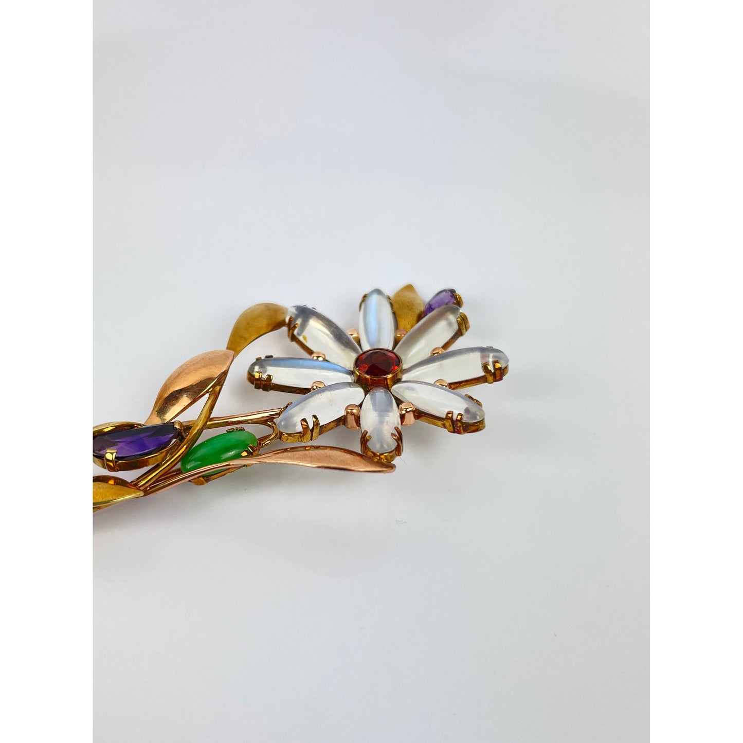 Retro 14k Gold Moonstone Jade Amethyst Flower Brooch Pin