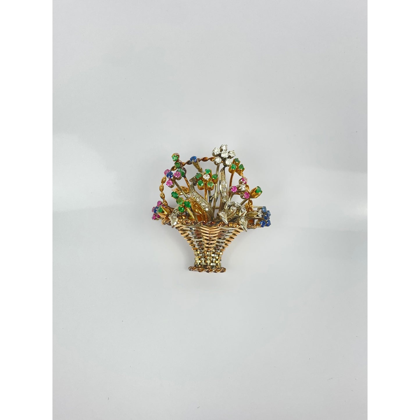 Vintage 18k Gold Diamond Sapphire Emerald Flower Basket Brooch