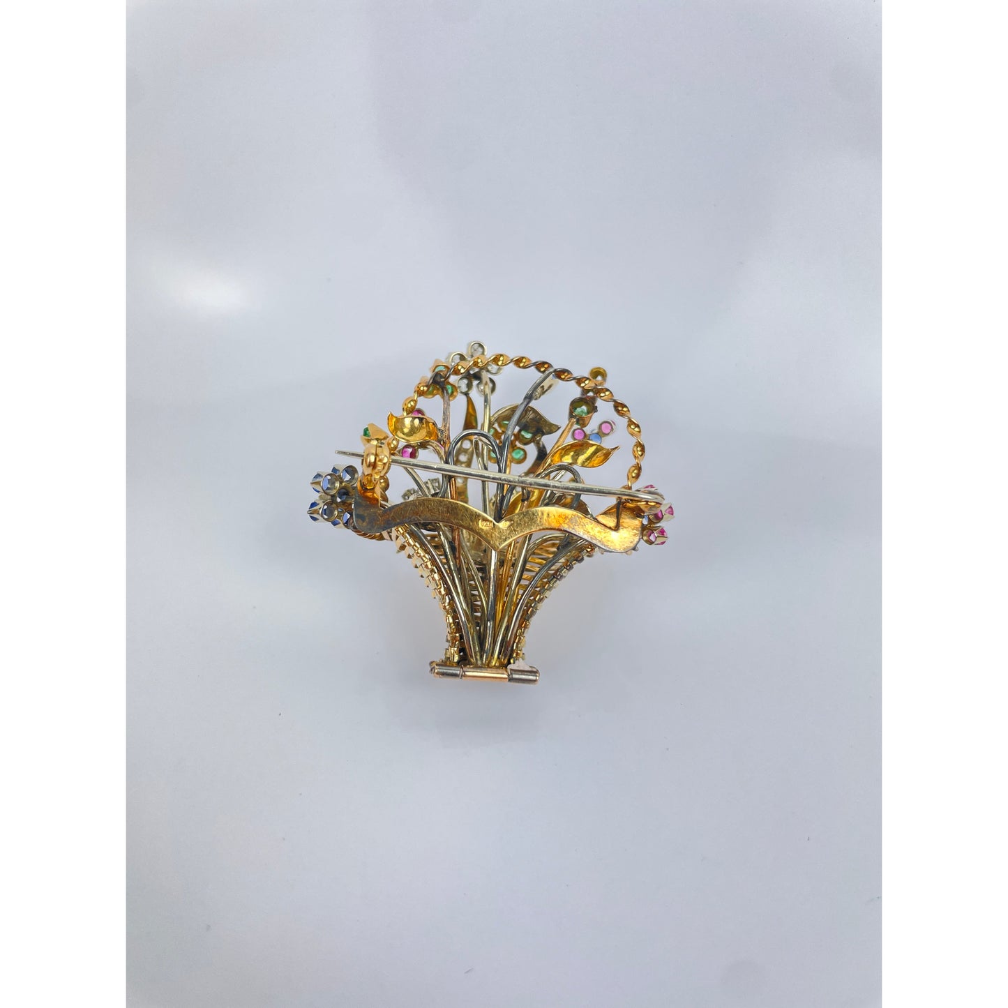 Vintage 18k Gold Diamond Sapphire Emerald Flower Basket Brooch