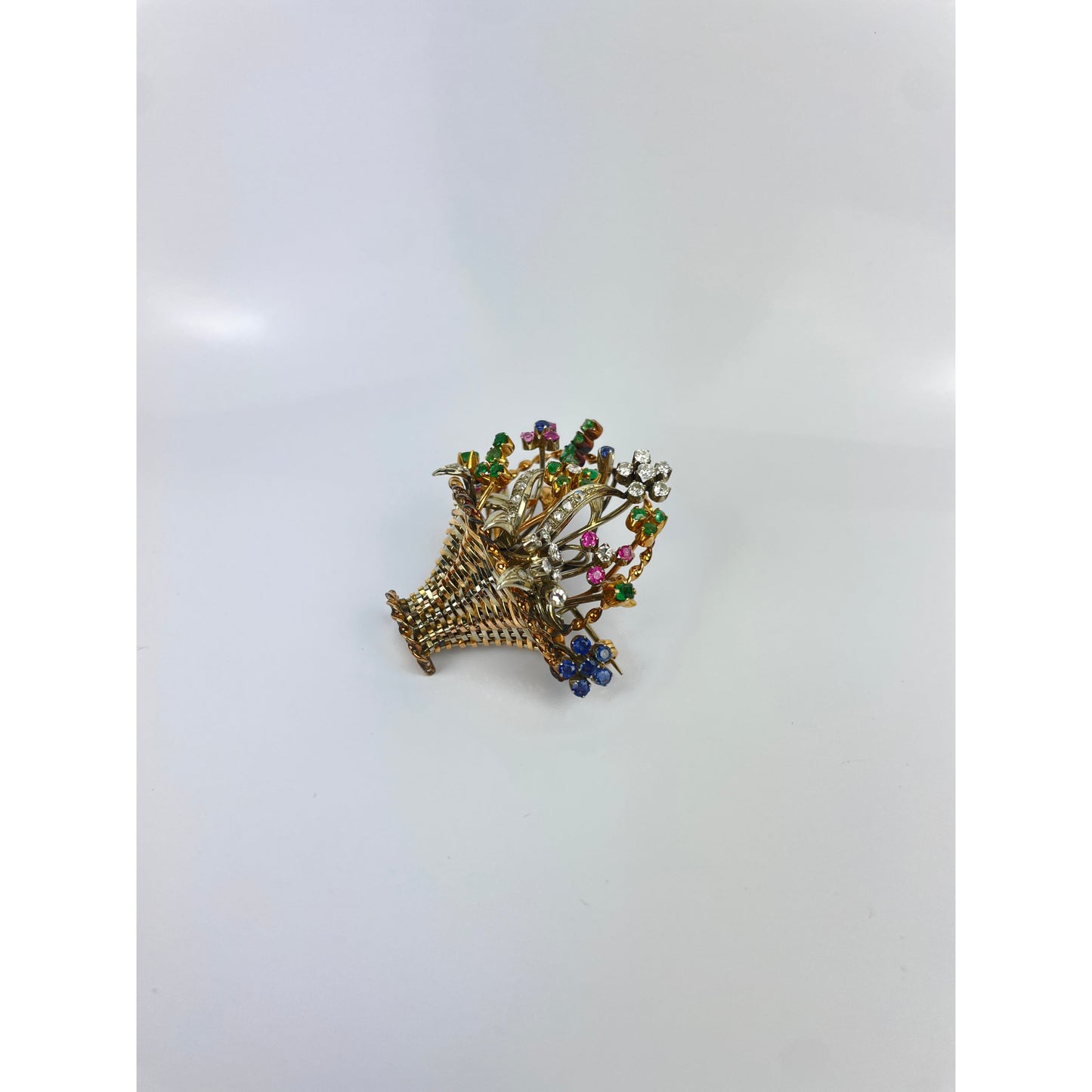 Vintage 18k Gold Diamond Sapphire Emerald Flower Basket Brooch