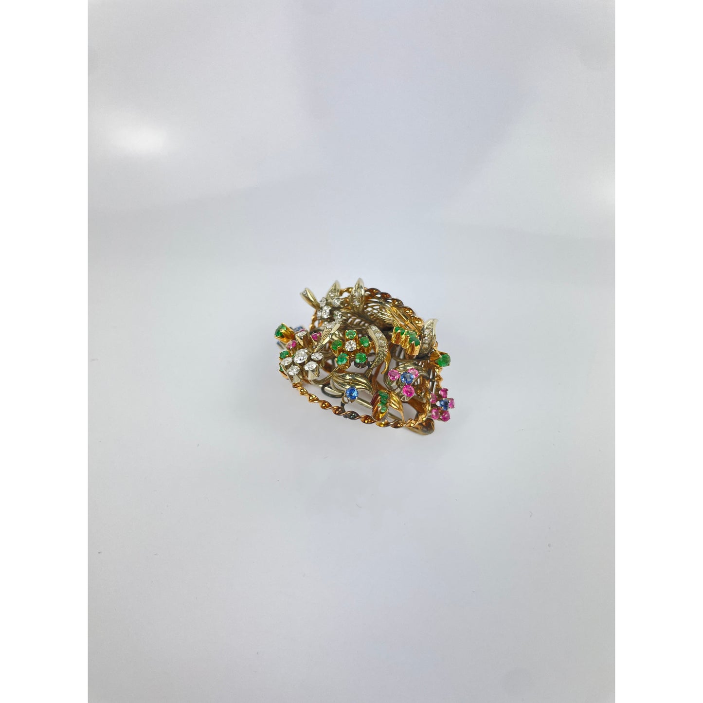 Vintage 18k Gold Diamond Sapphire Emerald Flower Basket Brooch