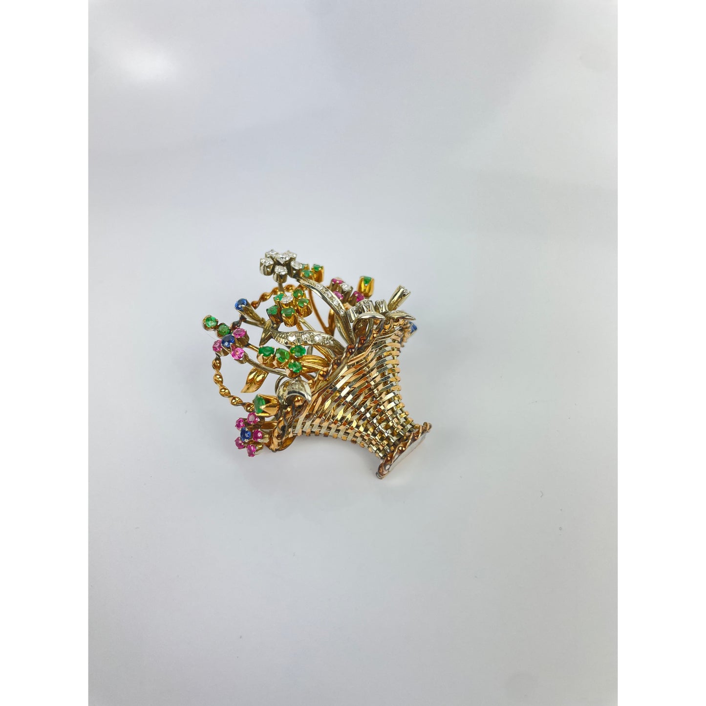 Vintage 18k Gold Diamond Sapphire Emerald Flower Basket Brooch