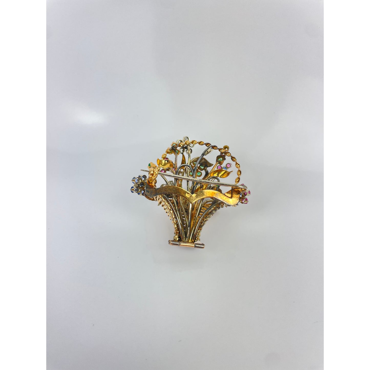 Vintage 18k Gold Diamond Sapphire Emerald Flower Basket Brooch