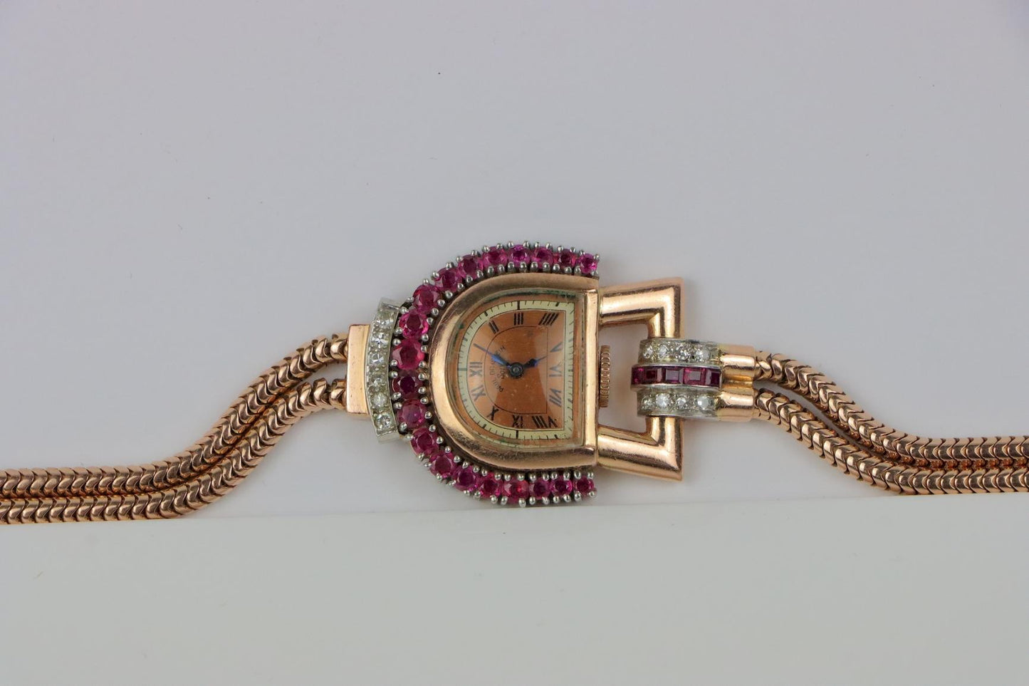 Retro 14K Rose Gold Ruby Diamond Watch Bracelet