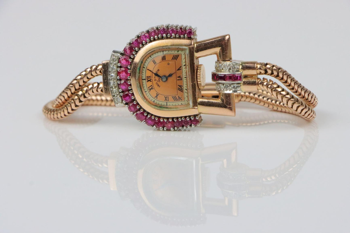 Retro 14K Rose Gold Ruby Diamond Watch Bracelet