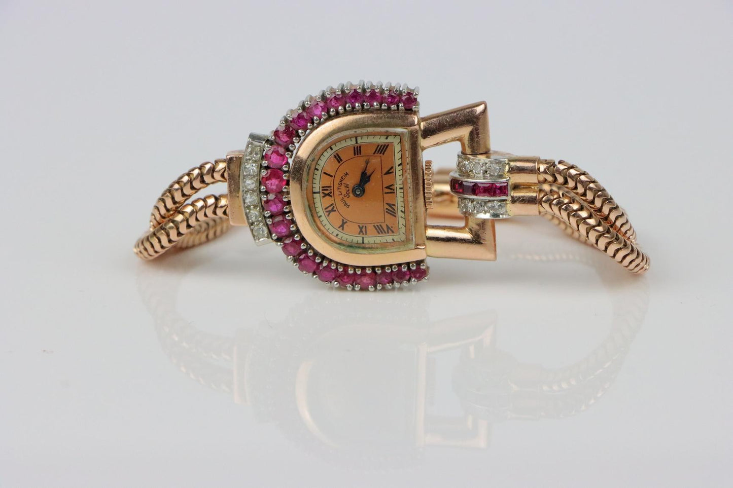 Retro 14K Rose Gold Ruby Diamond Watch Bracelet