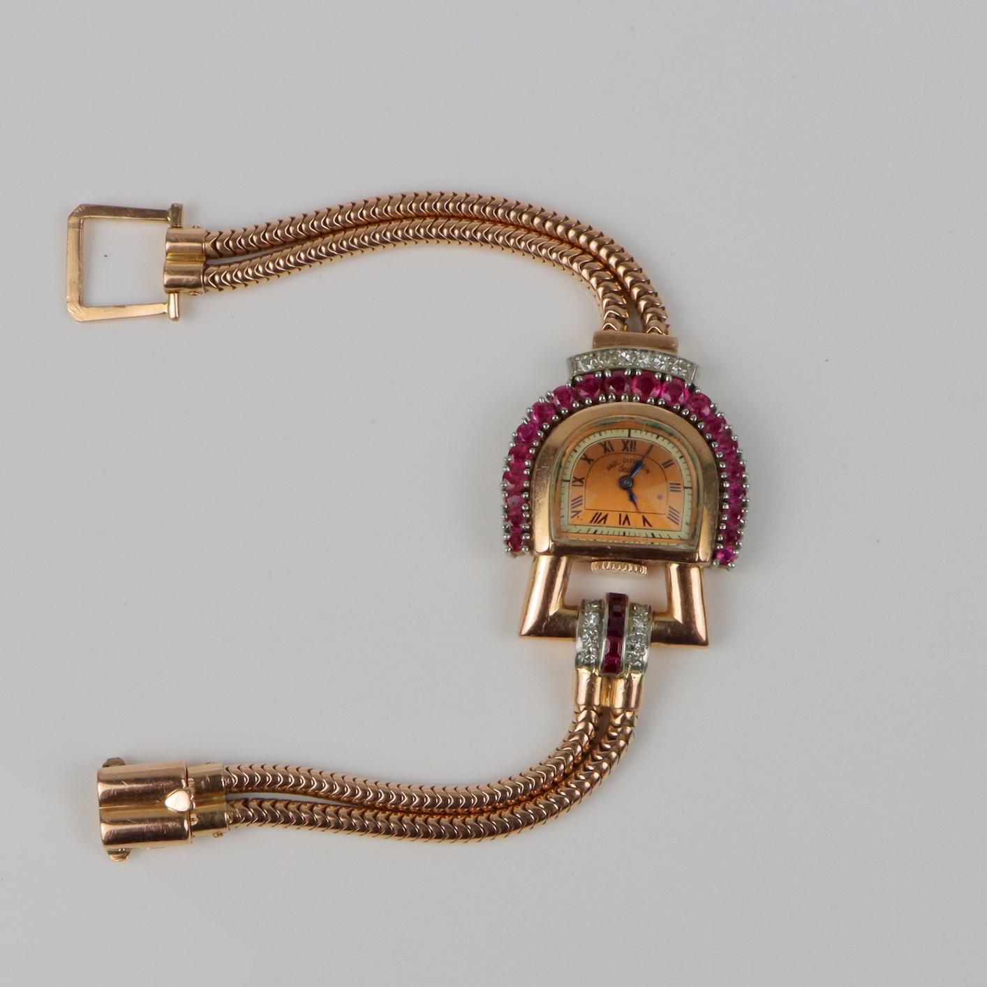 Retro 14K Rose Gold Ruby Diamond Watch Bracelet