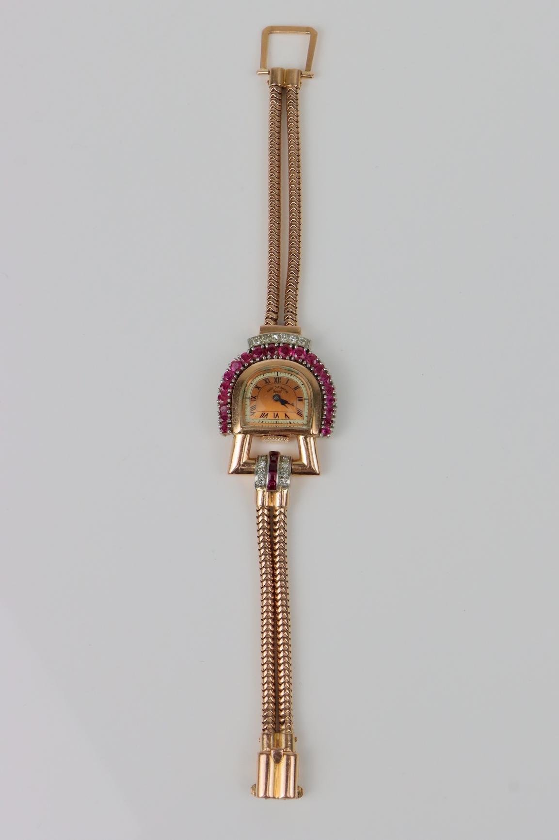 Retro 14K Rose Gold Ruby Diamond Watch Bracelet