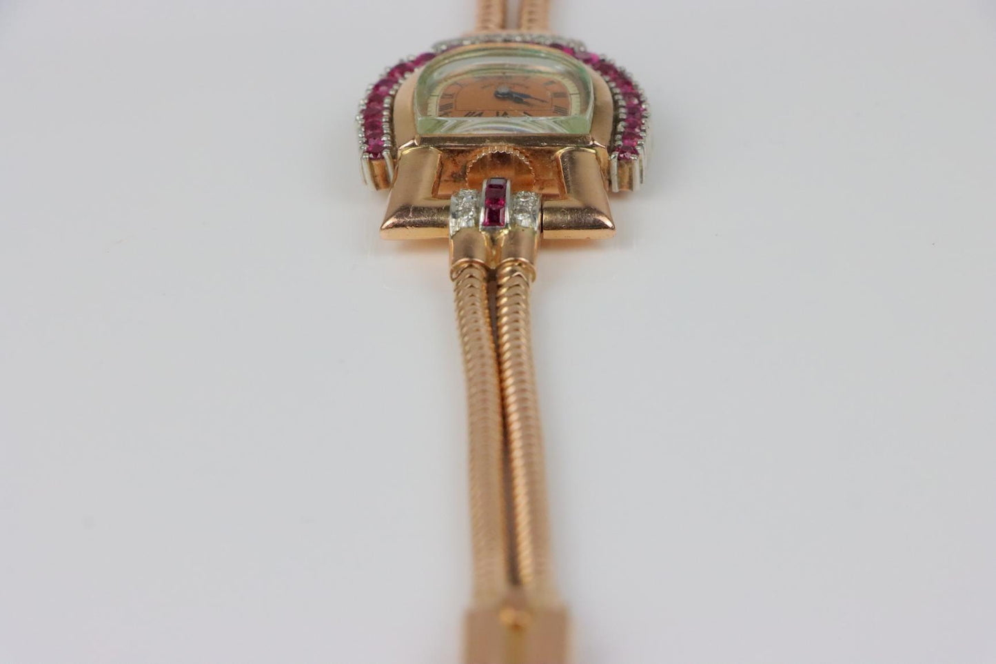 Retro 14K Rose Gold Ruby Diamond Watch Bracelet